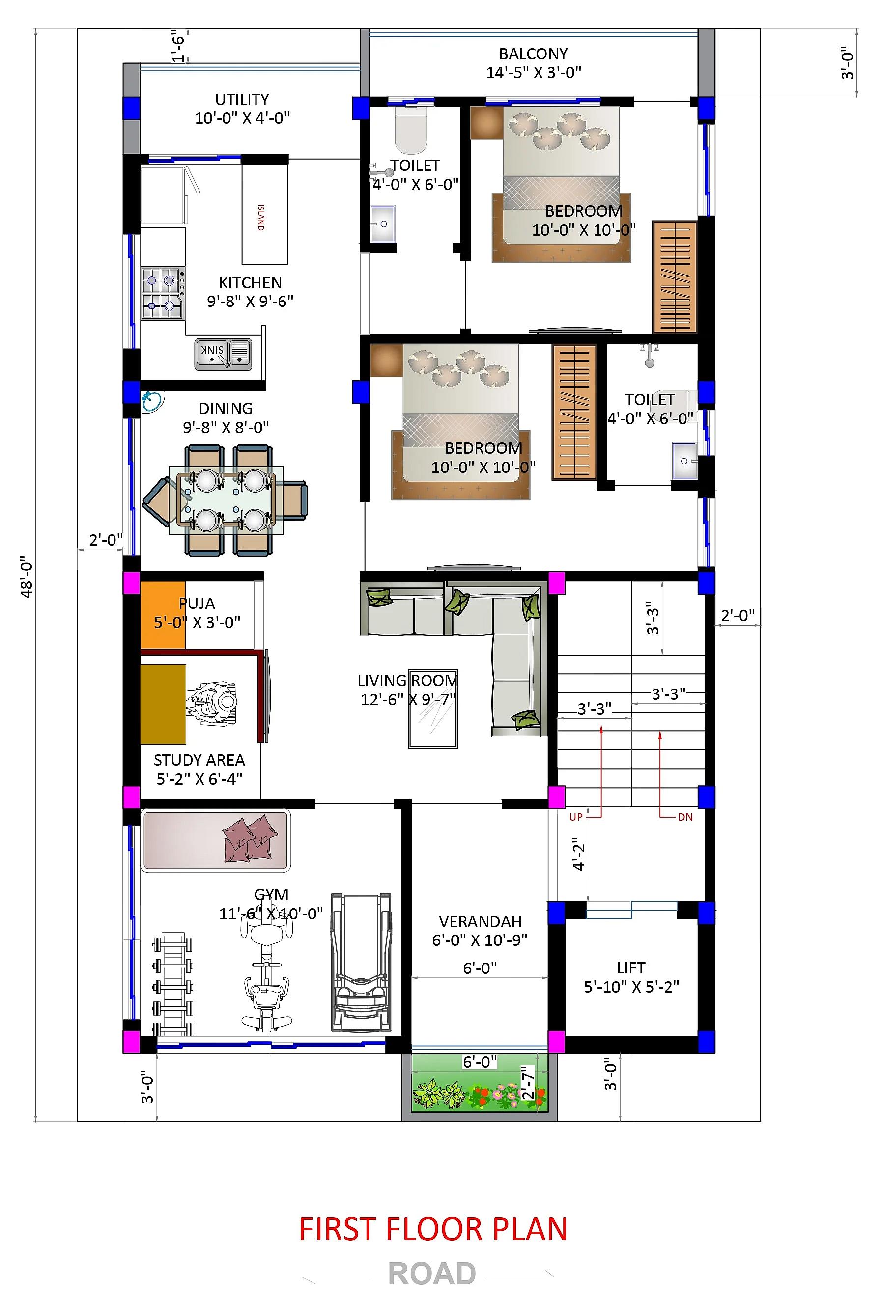 30X50 House Plan- 1500 sq ft Residential House Design at Madurai [TN]