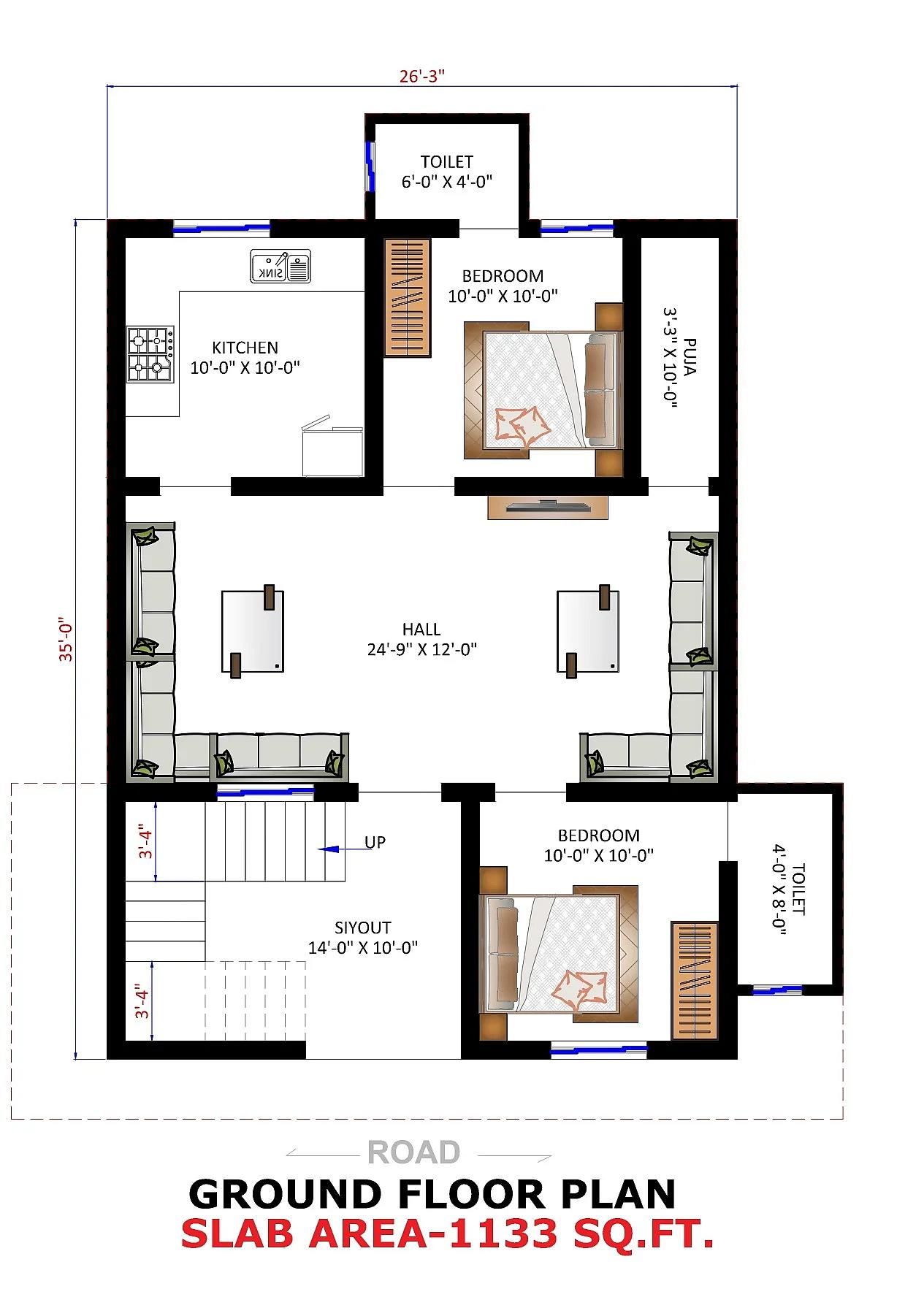 26X35 House Plan- 910 sq ft Residential House Design at Madurai thumbnail 3 — Project ID 7347
