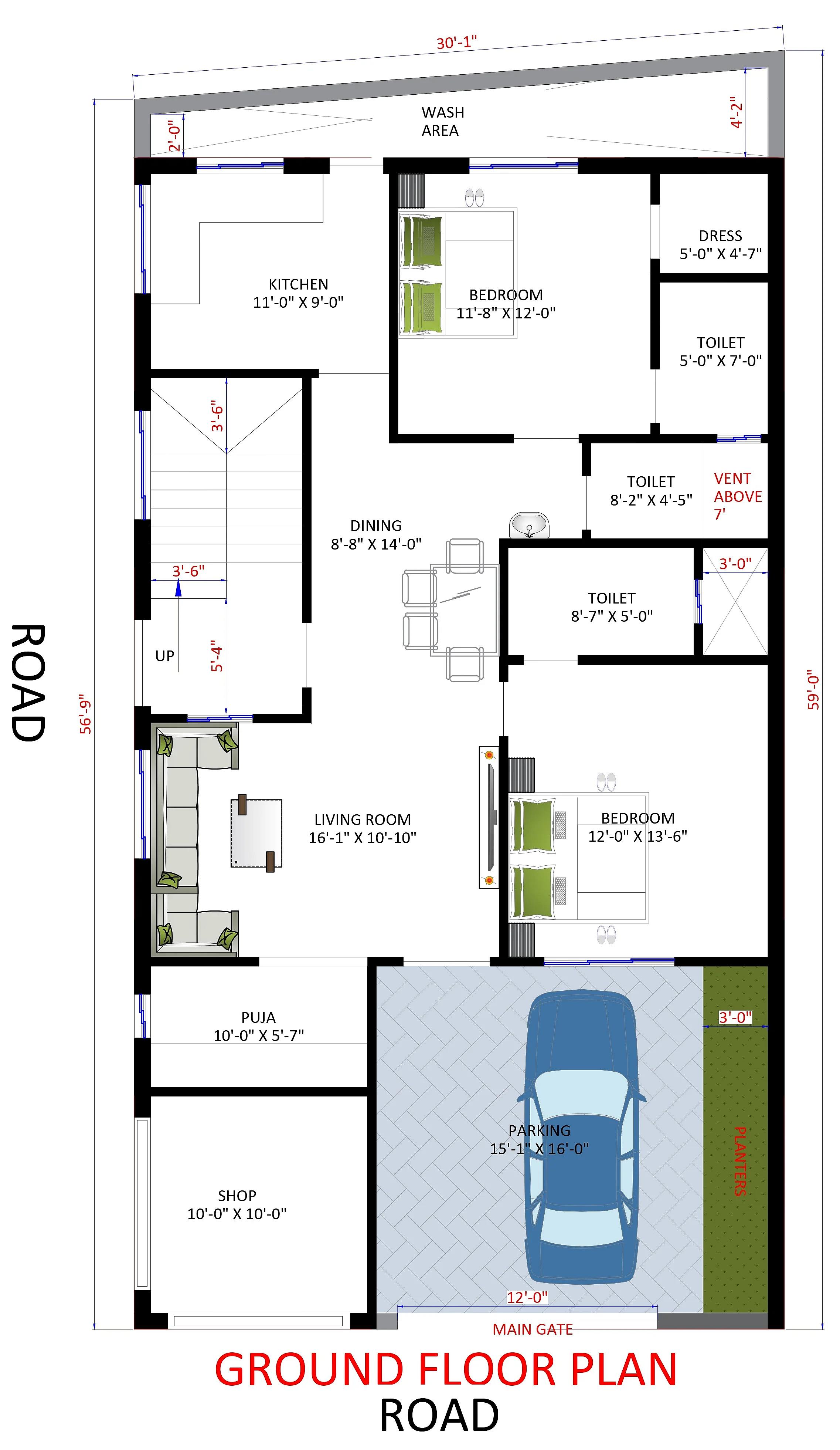 30X60 Rental House with Shop plan- 1800 sqft Residential house design At Udaipur thumbnail 2 — Project ID 7363