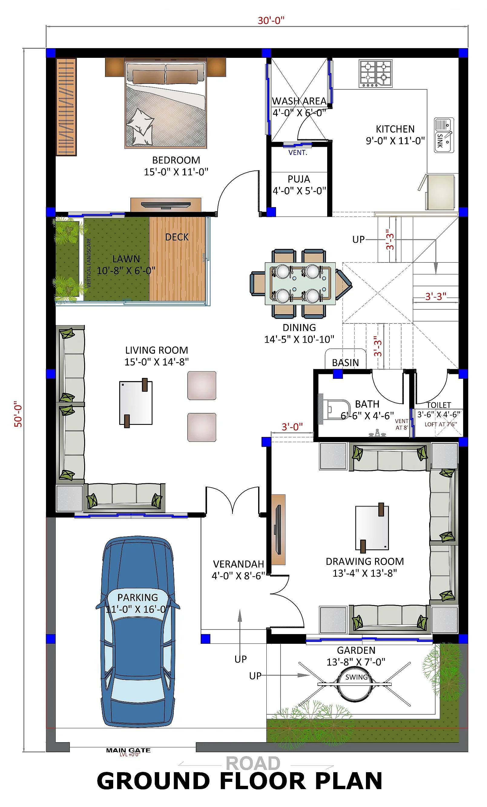 30X50 House plan- 1500 sqft Residential house design At Dewas thumbnail 3 — Project ID 7368