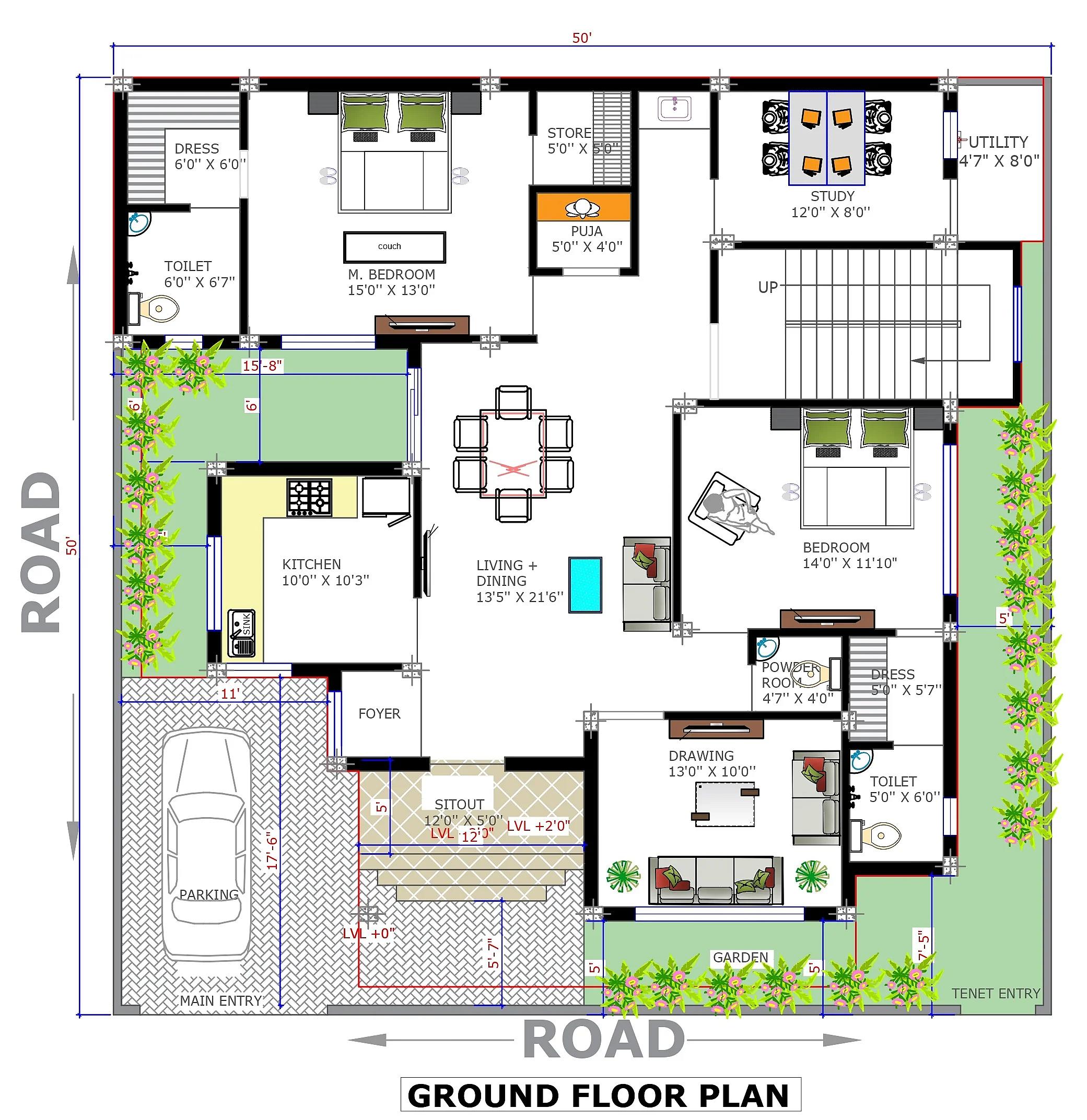50X50 Residential House with Rental House plan- 2500 sqft Residential Cum Commercial house design At Agra thumbnail 4 — Project ID 7383