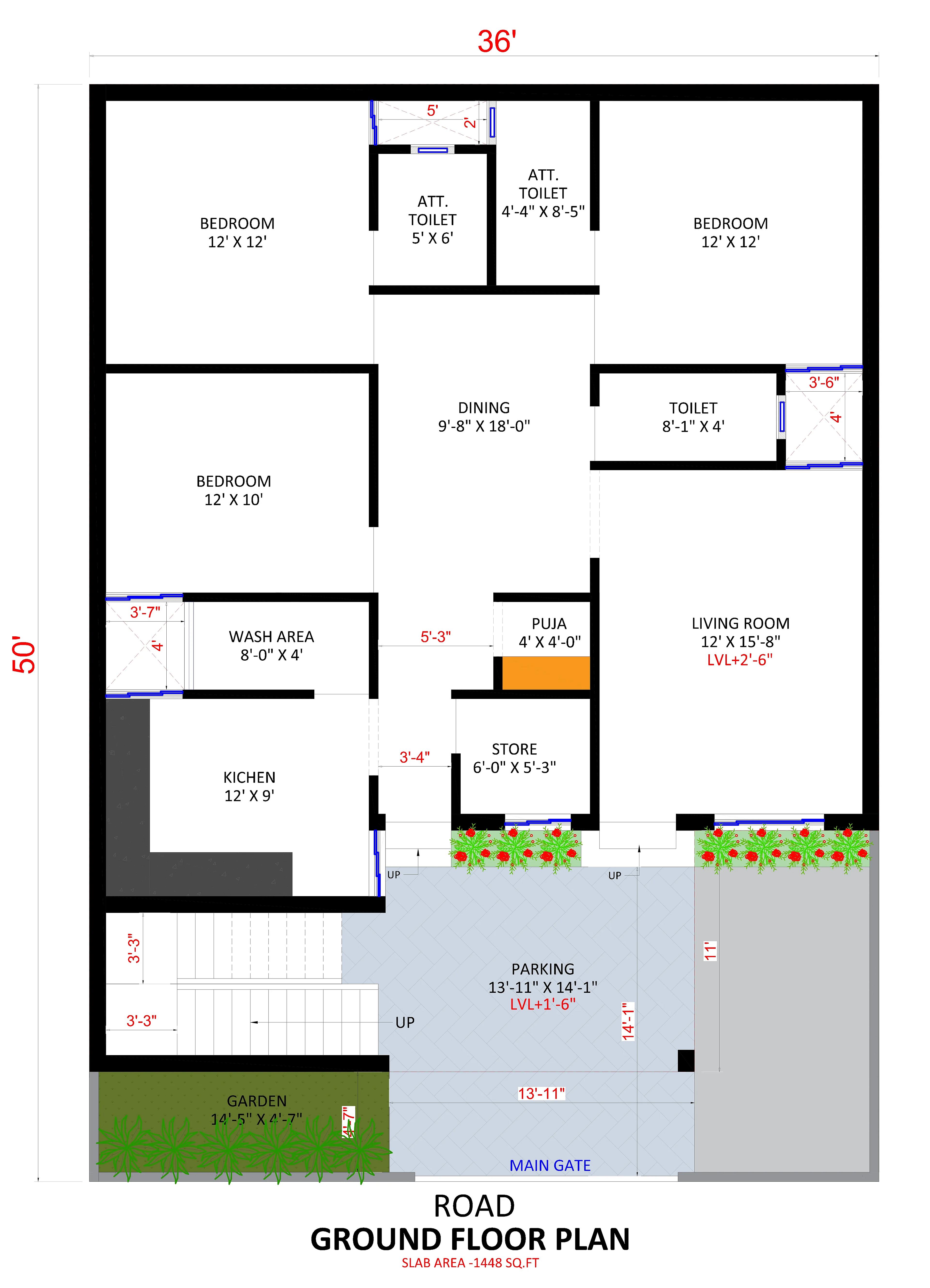 36X50 House plan- 1800 sqft Residential house design At Bhopal [MP]