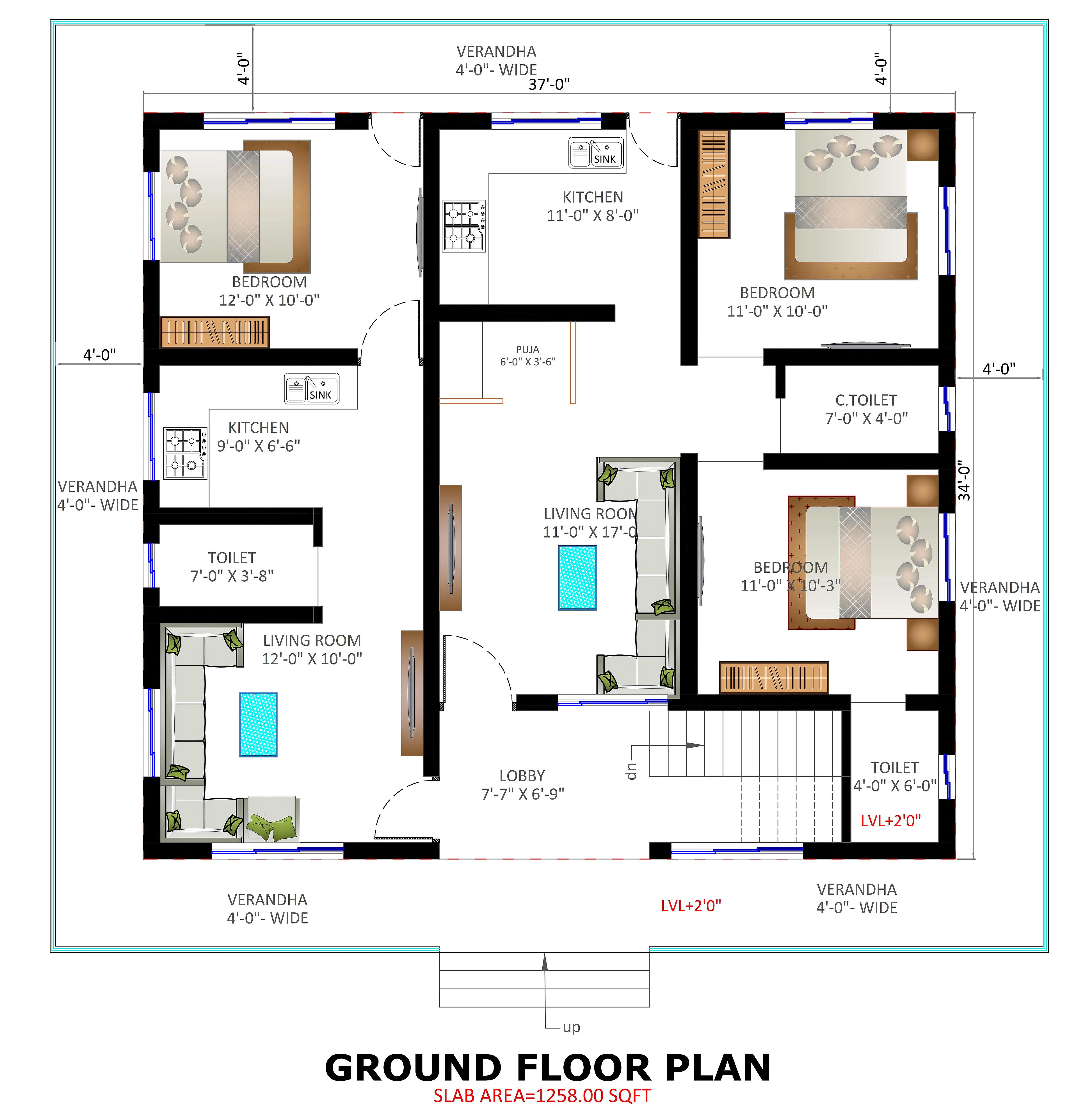 37X34 Residential House with Rental House plan- 1258 sqft Residential Cum Commercial house design At Kolhapur thumbnail 2 — Project ID 7446