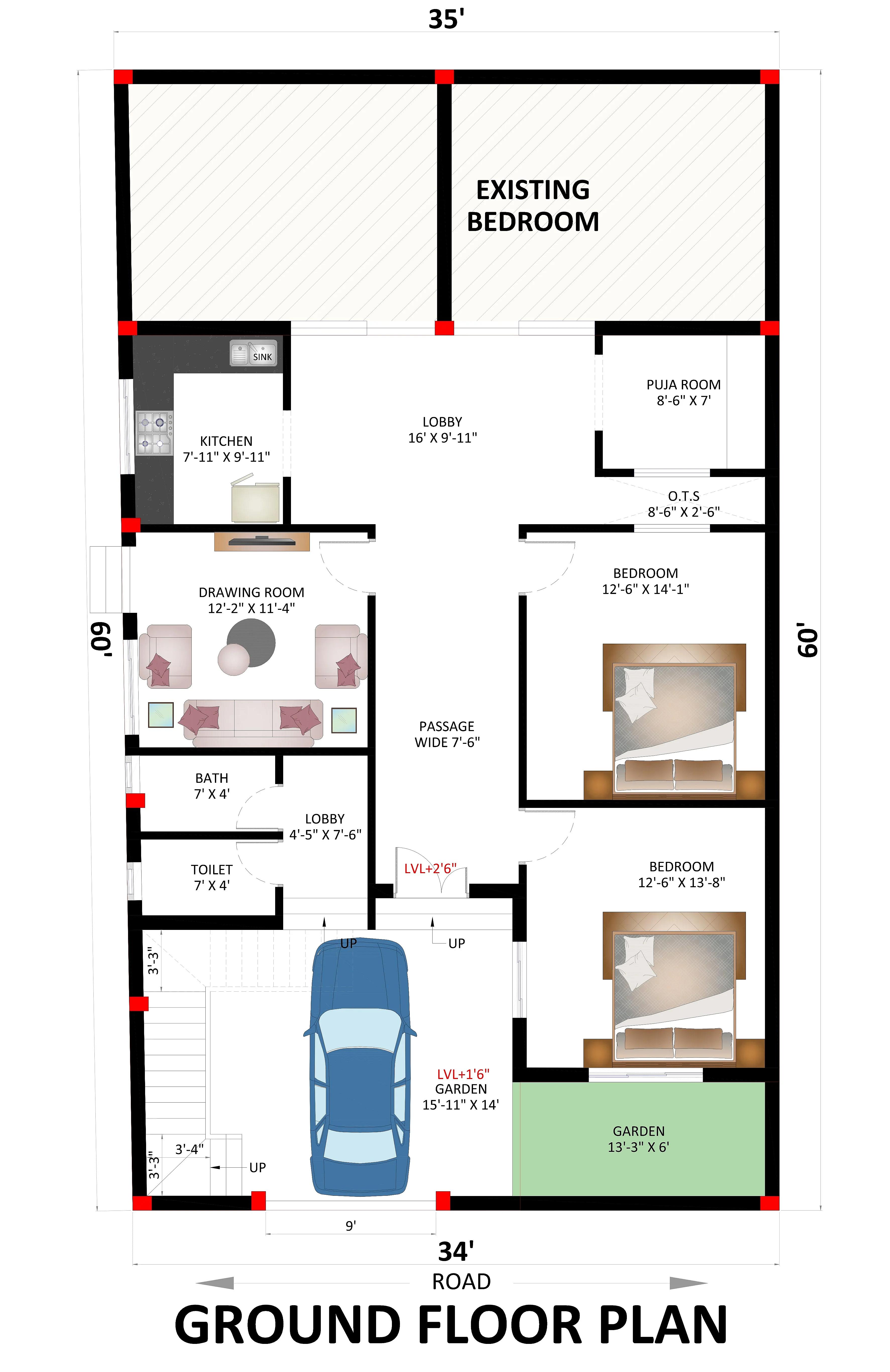 35X60 Residential House with Rental House plan- 2100 sqft Residential house design At Kanpur thumbnail 3 — Project ID 7463