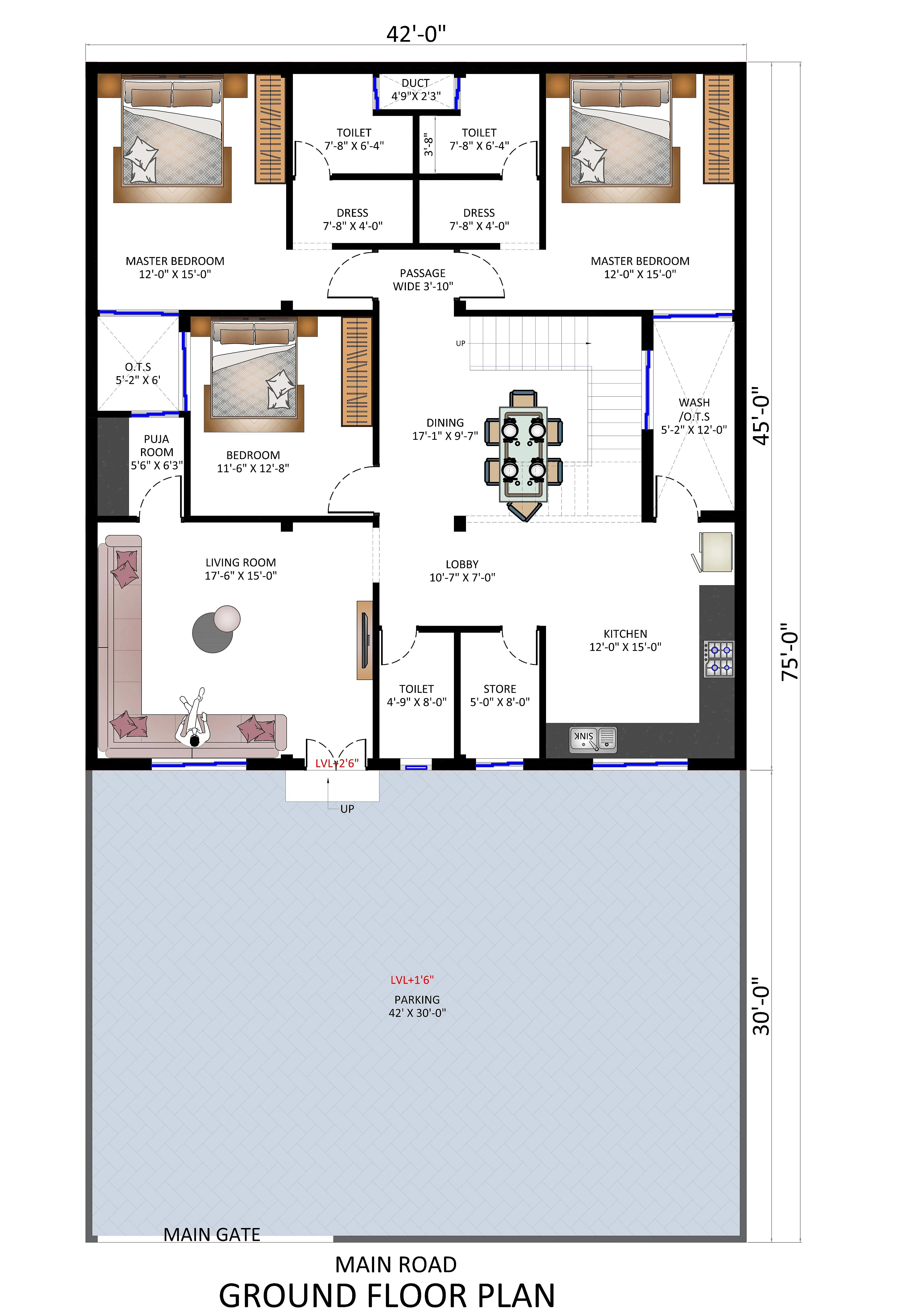 42X75 House plan- 3150 sqft Residential house design At Sonipat [HR]