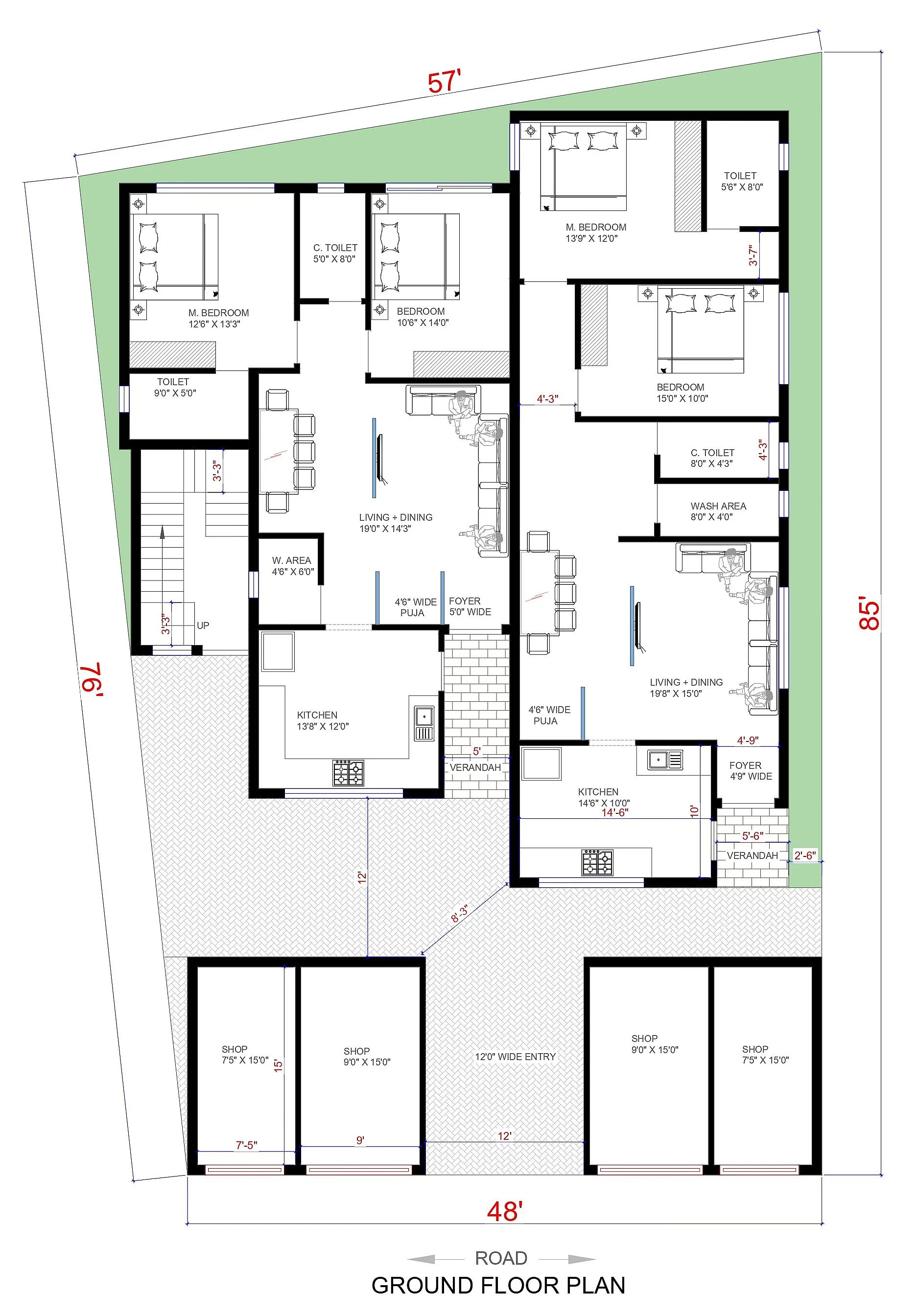 57X85 Shopping complex with rental apartment plan- 4845 sqft Residential Cum Commercial house design At Sanchore thumbnail 2 — Project ID 7487