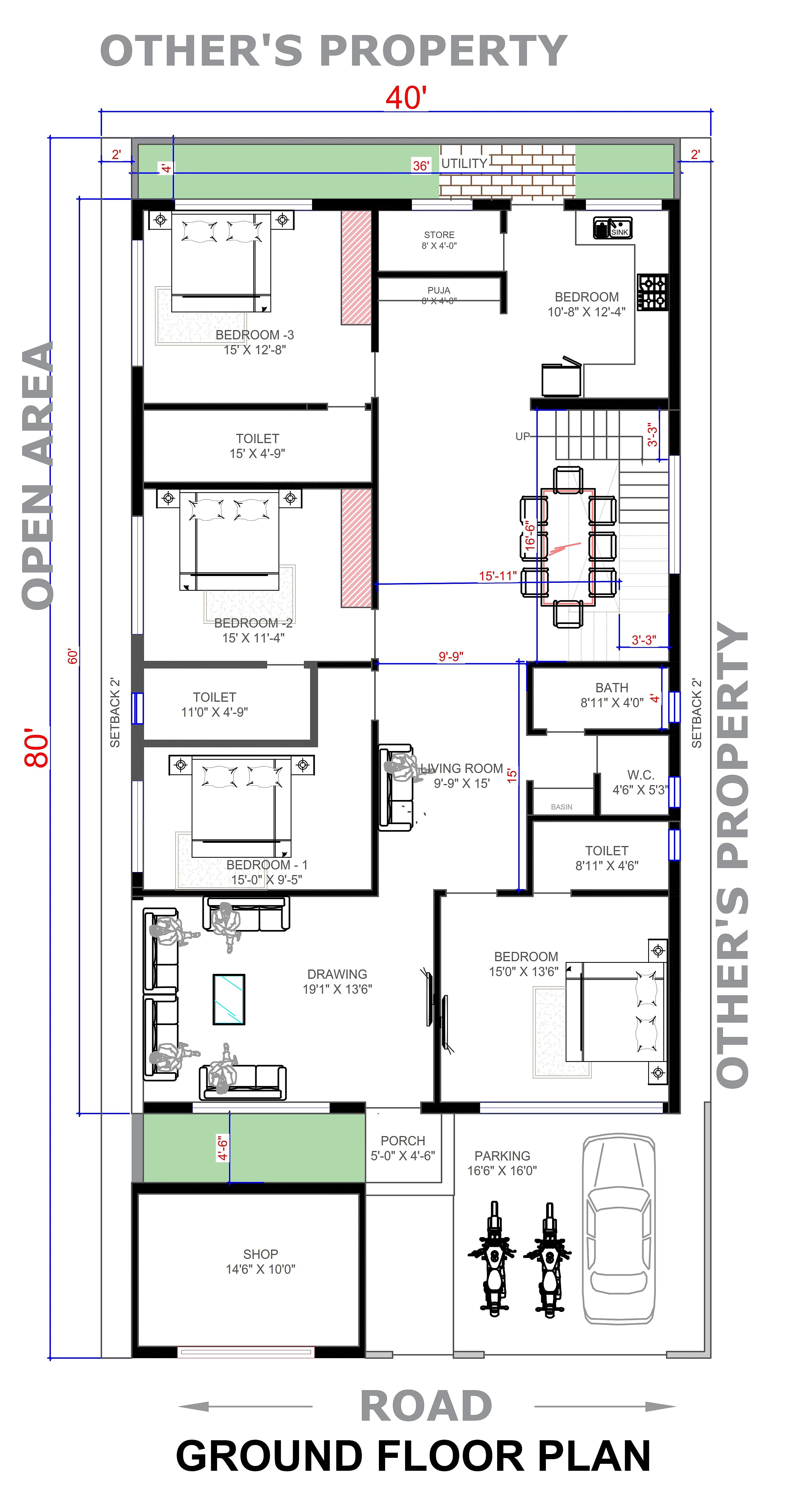 40X80 House With Shop plan- 3200 sqft Residential Cum Commercial house design At Bhilwara thumbnail 2 — Project ID 7501