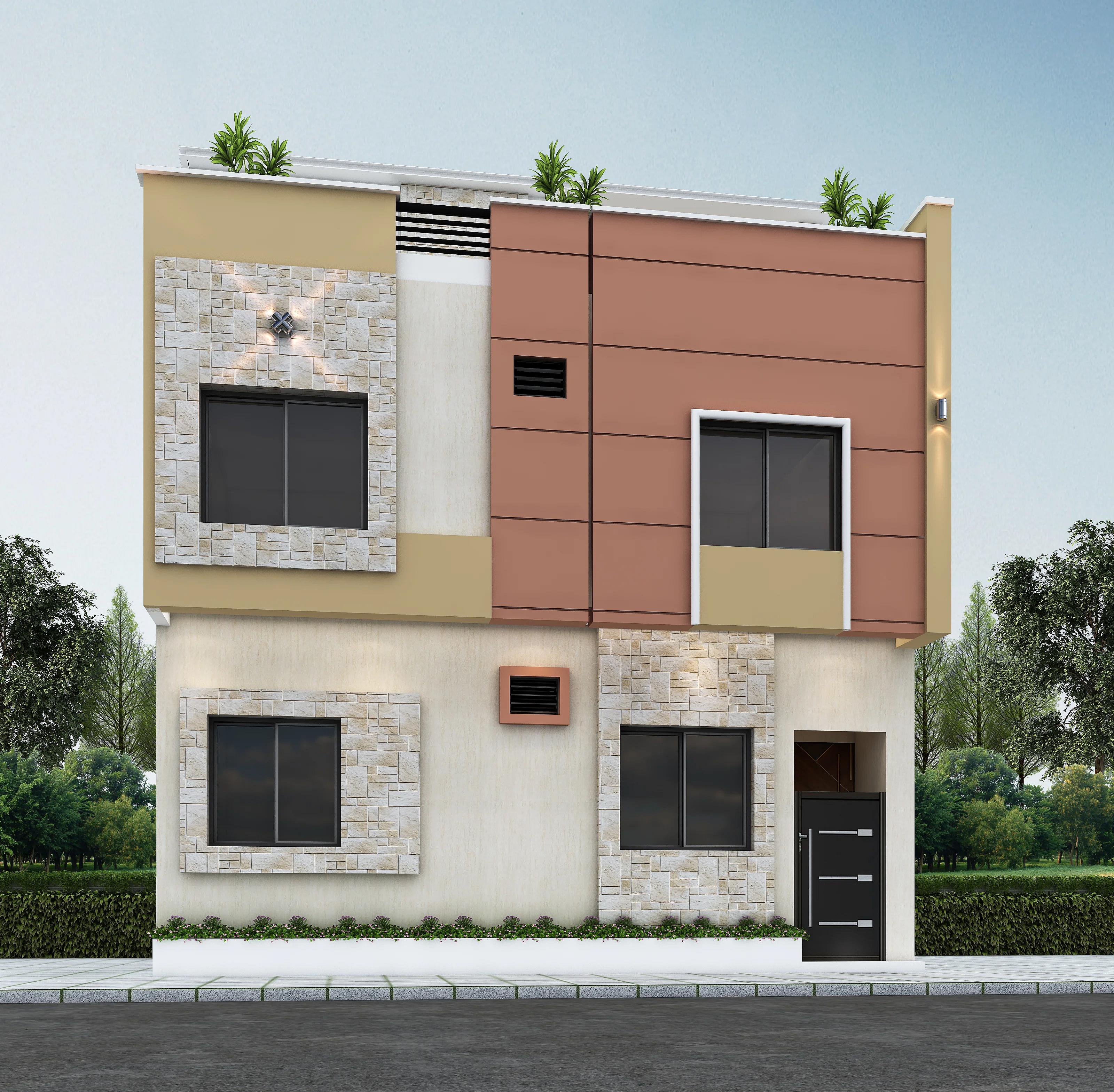 29X21 House plan- 609 sqft Residential house design At Ahmadabad [GJ] front elevation, 29x21 ft plot, 4 BHK, south east facing, G+2, Ahmadabad
