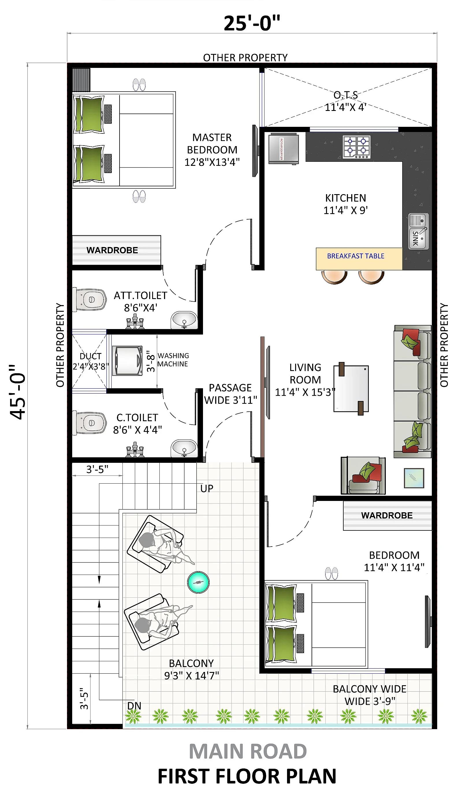 25X45 House plan- 1125 sqft Residential house design At Indore [MP]