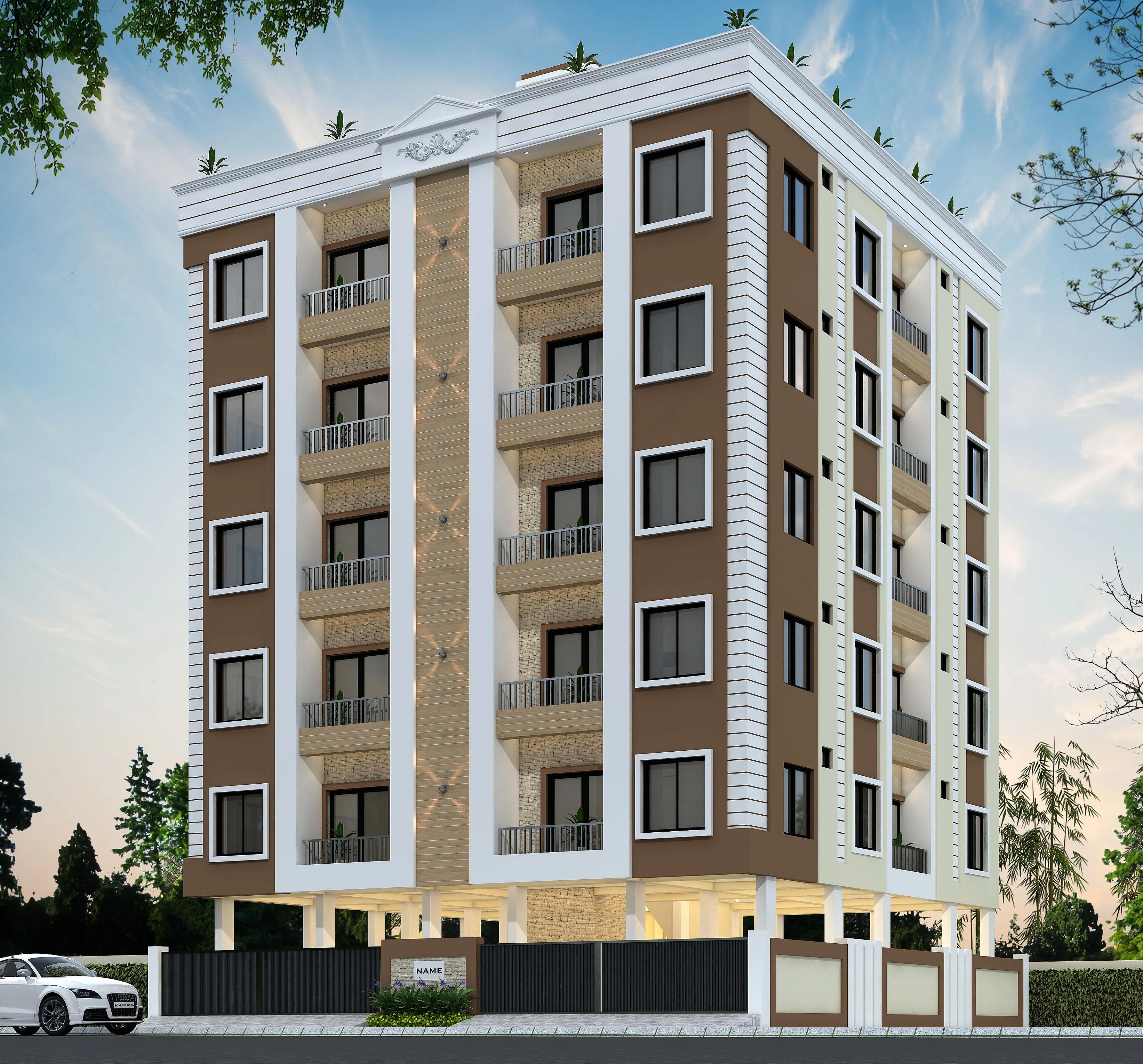 52X52 Multi storey apartment plan- 2704 sqft Residential Cum Commercial house design At Pune [MH] front elevation, 52x52 ft plot, south facing, G+5, Pune