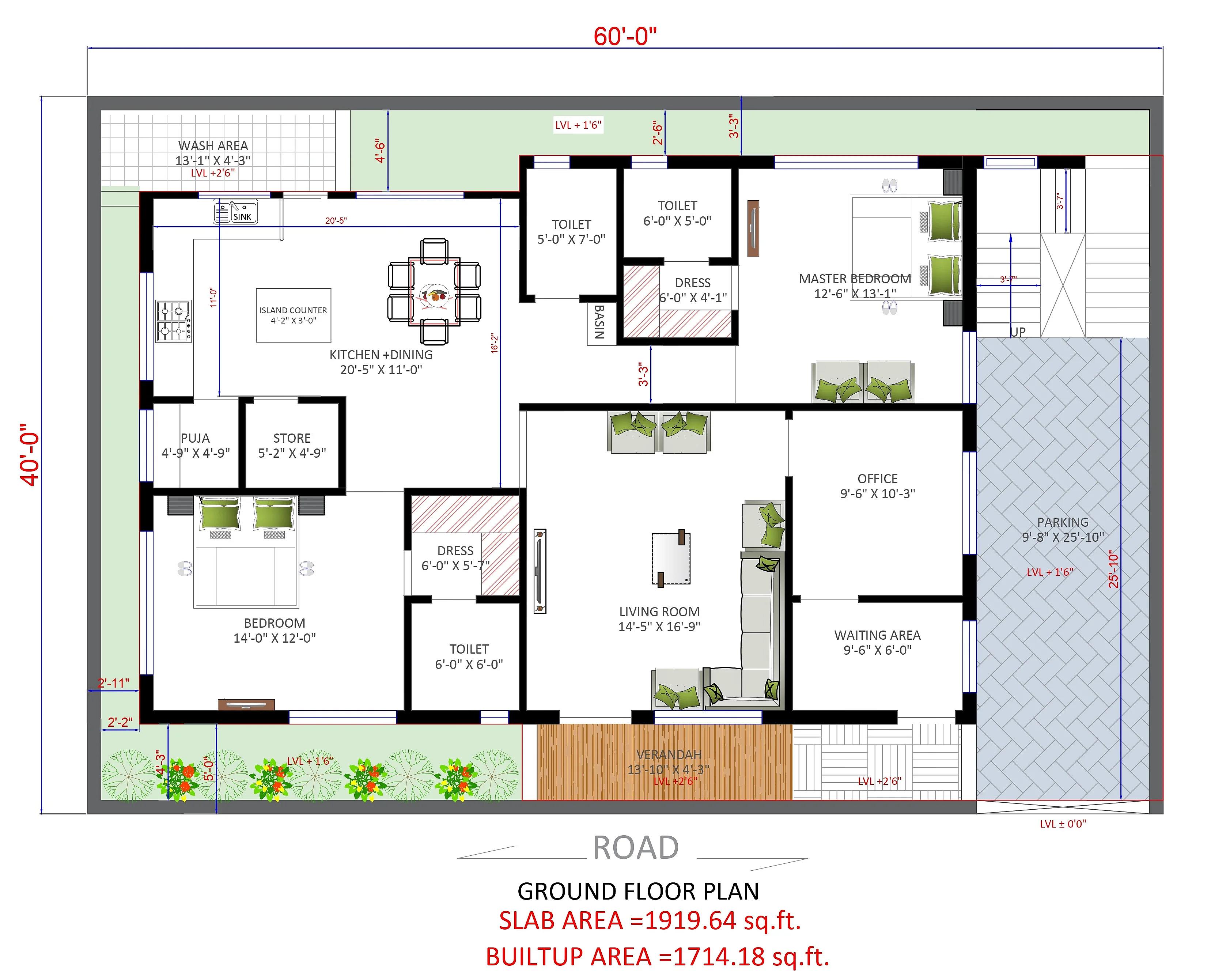60X40 House With Office  plan- 2400 sqft Residential house design At Kalaburagi [KA]