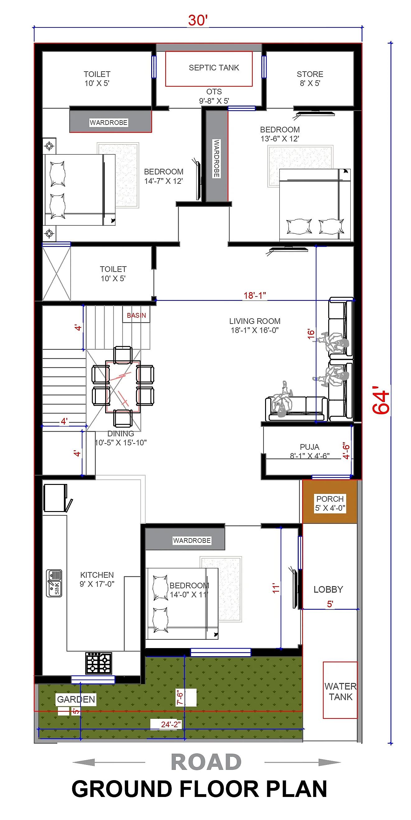 30X64 House plan- 1920 sqft Residential house design At Bhilwara thumbnail 3 — Project ID 7548