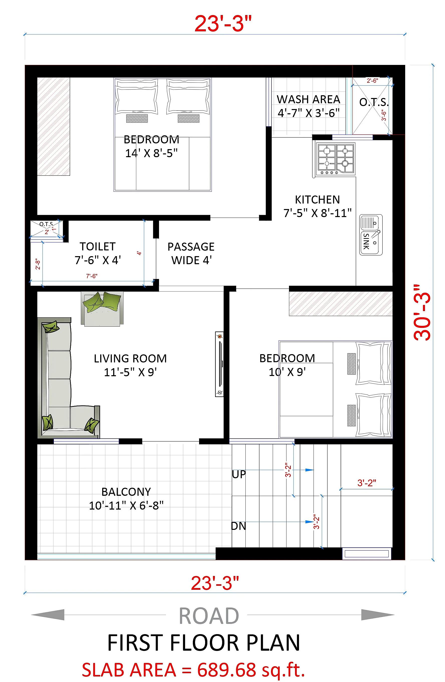 23X30 House plan- 690 sqft Residential house design At Budaun thumbnail 2 — Project ID 7550