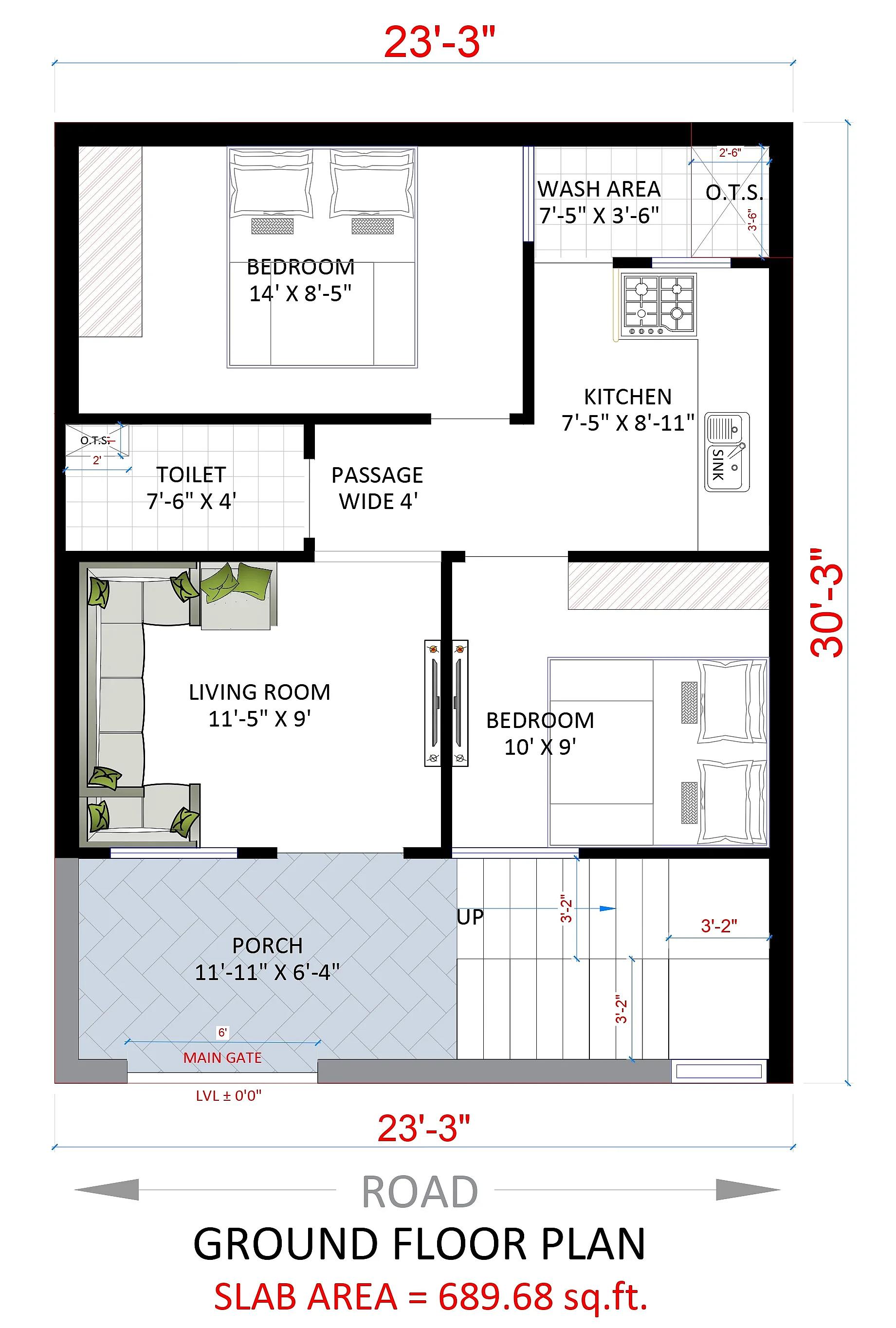 23X30 House plan- 690 sqft Residential house design At Budaun thumbnail 3 — Project ID 7550