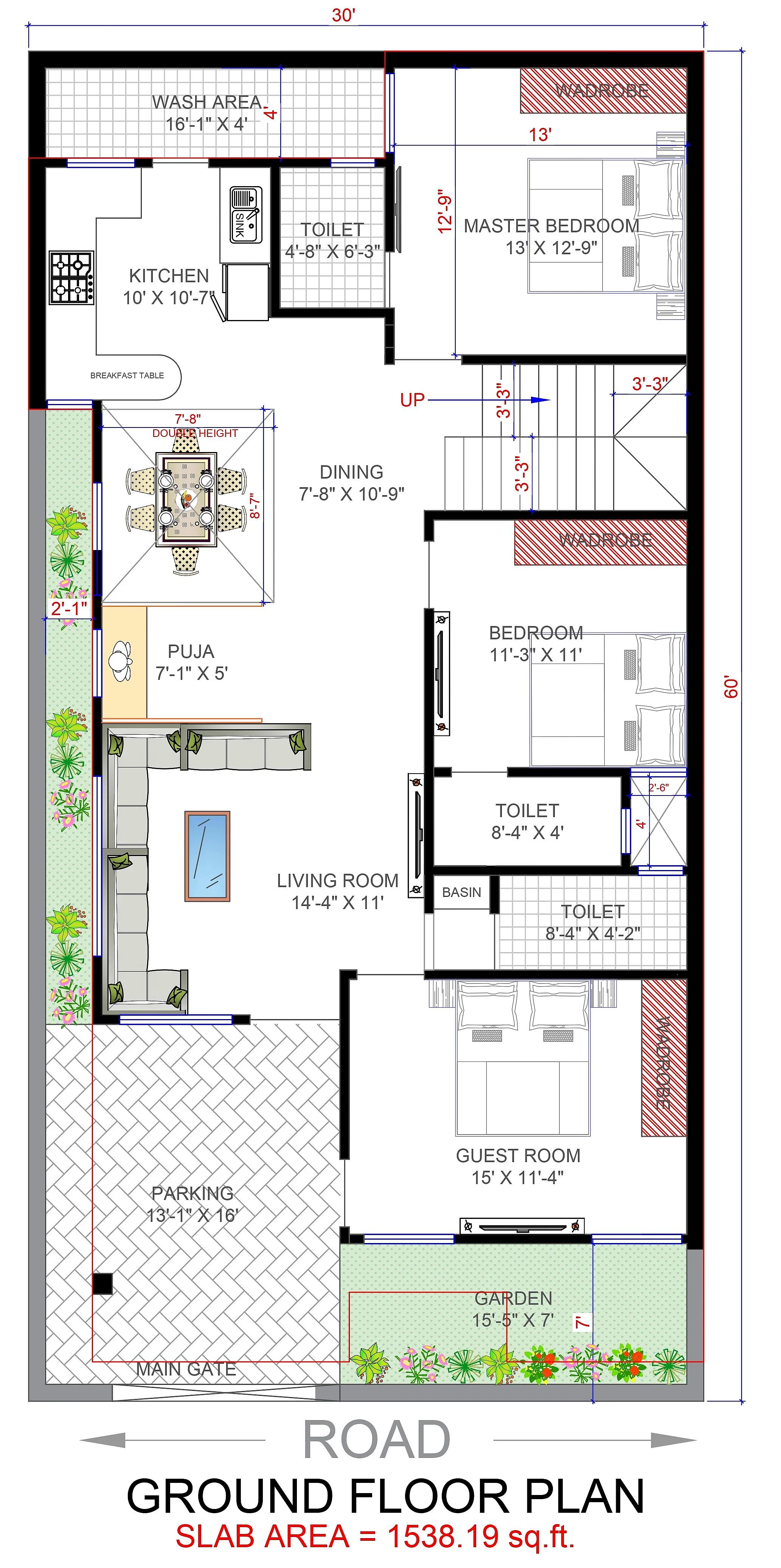 30X60 House plan- 1800 sqft Residential house design At Lakhimpur Kheri thumbnail 3 — Project ID 7569