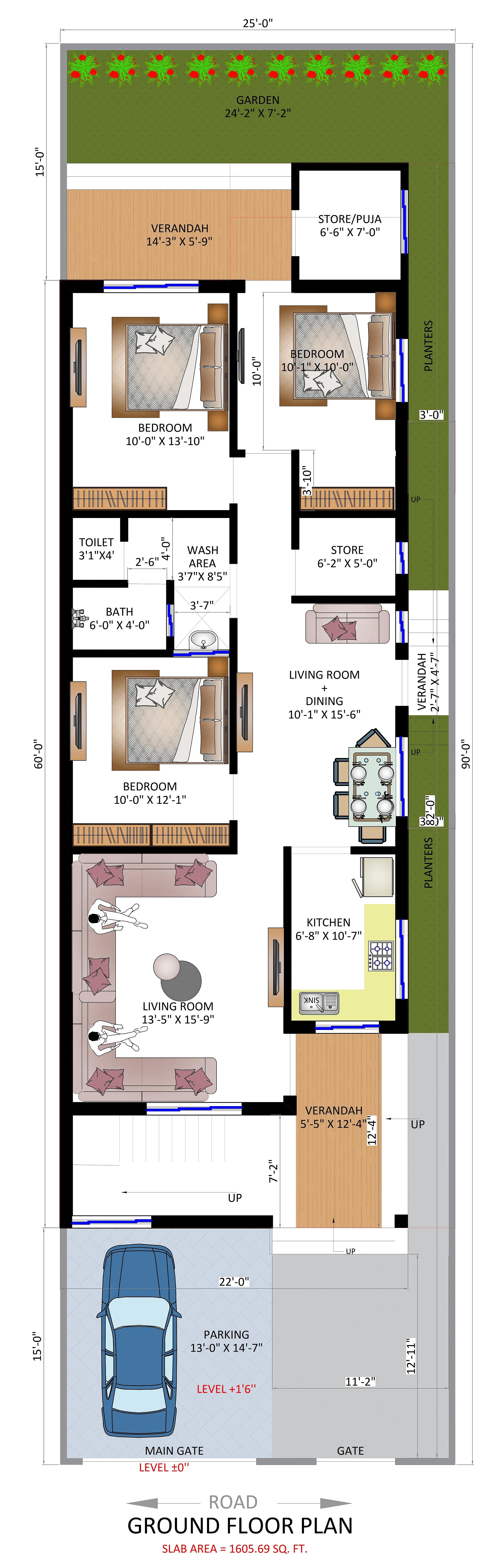 25X90 House plan- 2250 sqft Residential house design At Janakpuri {Delhi} thumbnail 3 — Project ID 7572