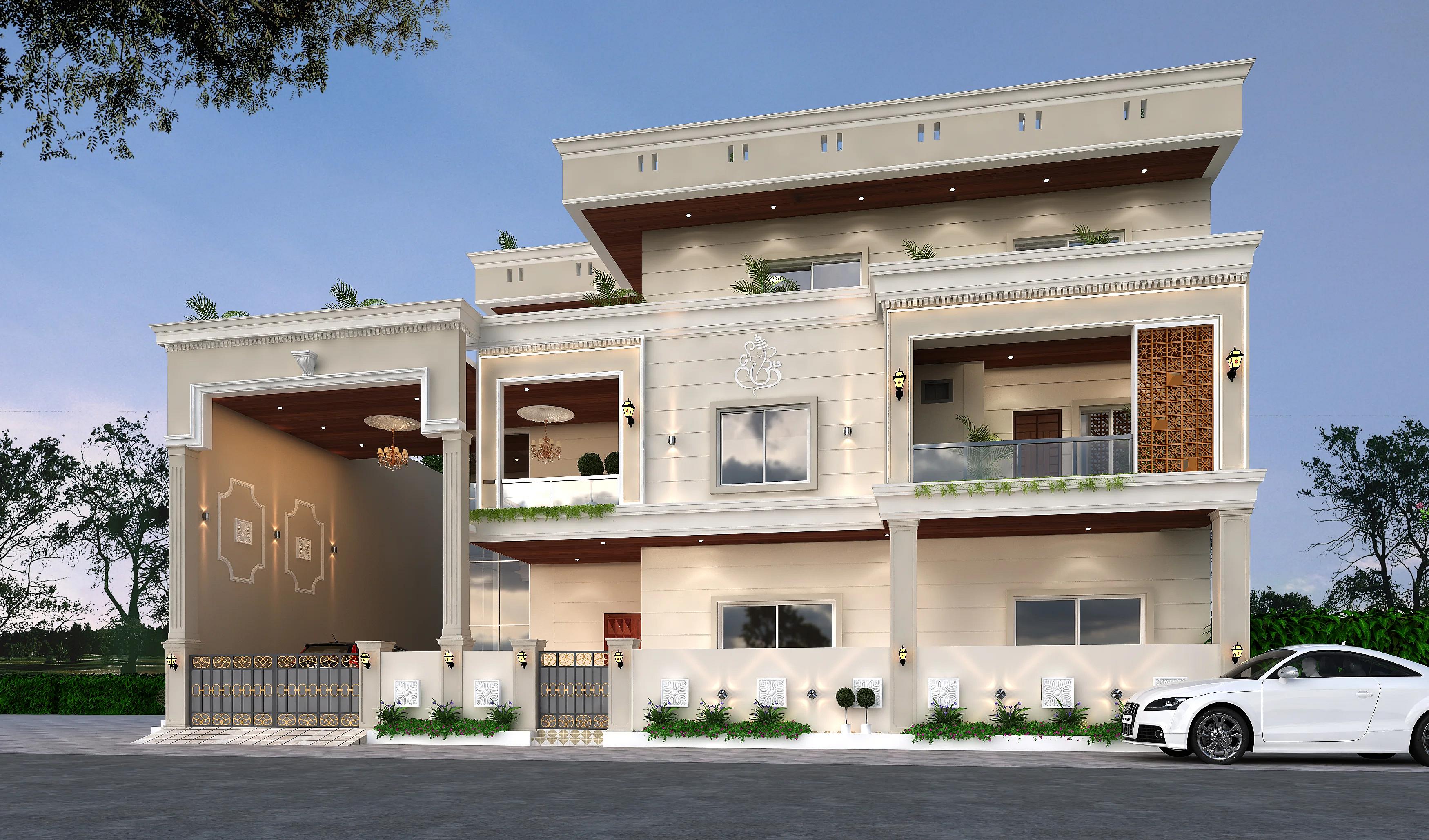 68X50 House plan- 3400 sqft Residential house design At Amroha [UP] front elevation, 68x50 ft plot, 4 BHK, east facing, G+2, Amroha