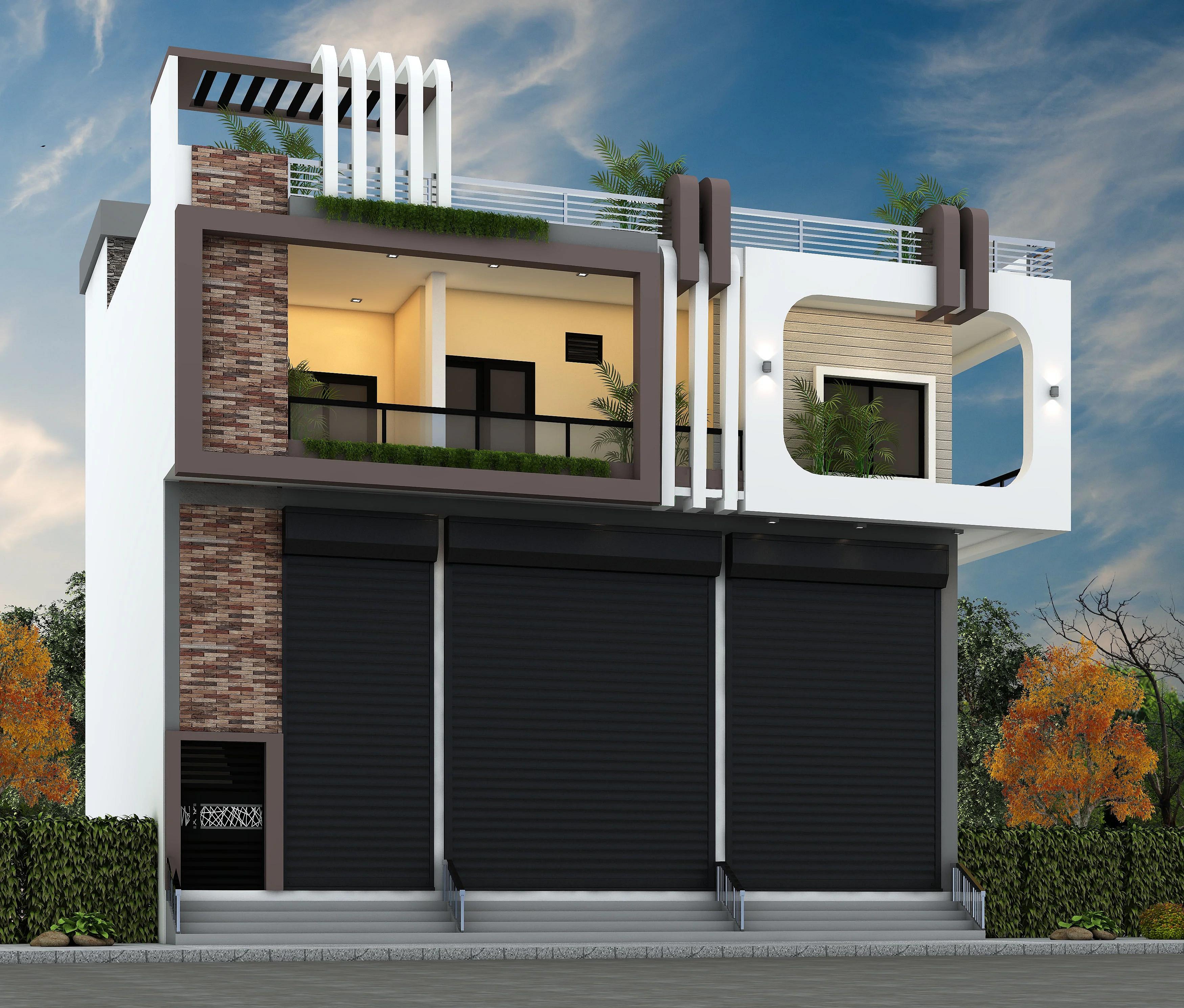 40X45 Rental House with Shop plan- 1800 sqft Residential Cum Commercial house design At Jhiranya [MP] front elevation, 40x45 ft plot, south facing, G+2, Jhiranya