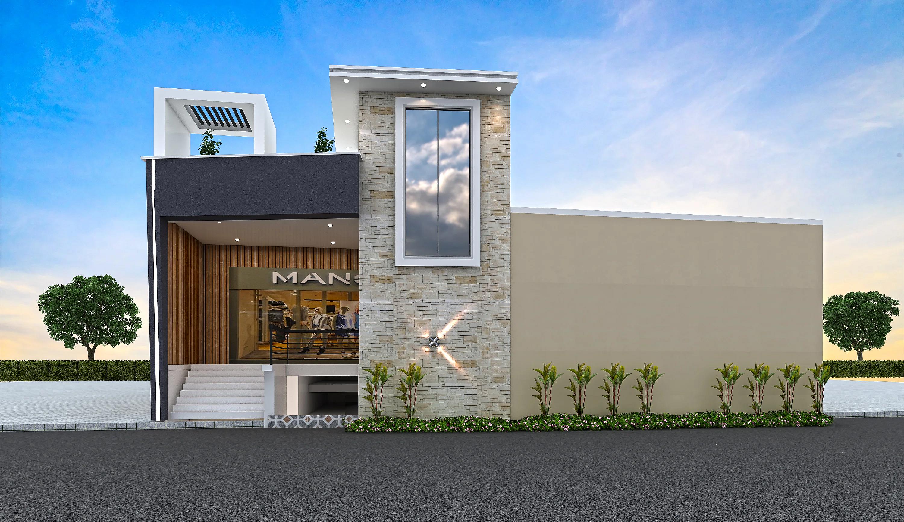 59X78 Shop plan- 4602 sqft Commercial house design At Pratapgarh [UP] front elevation, 59x78 ft plot, south facing, G+2, Pratapgarh