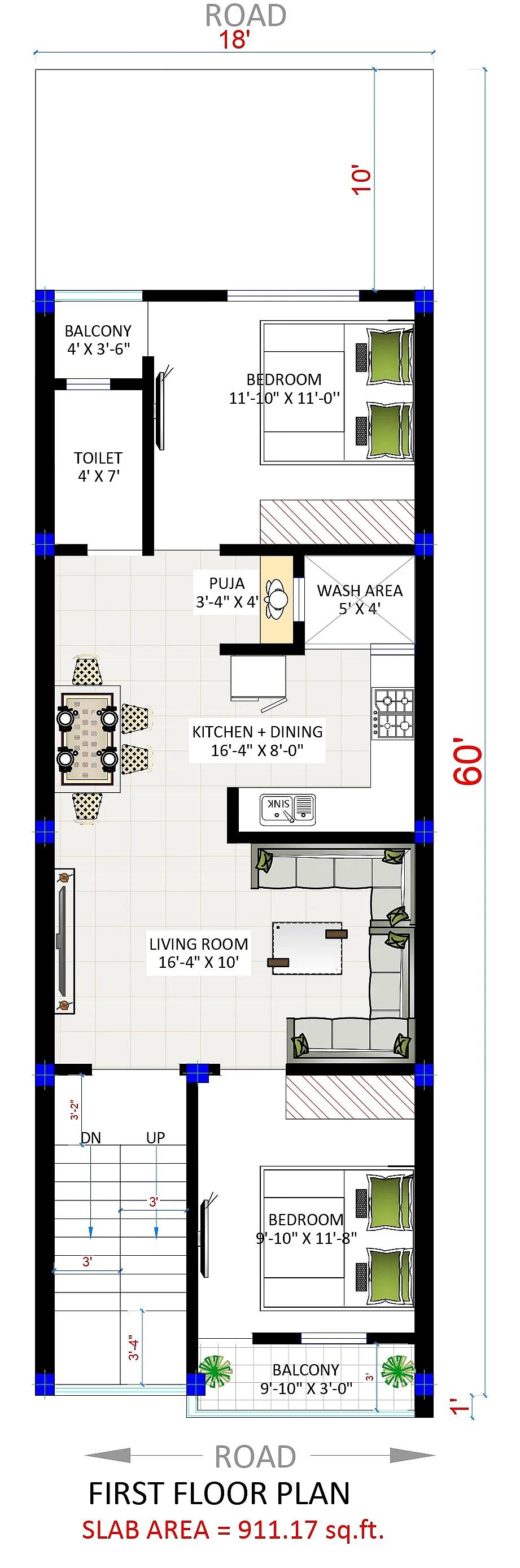 18X60 House plan- 1080 sqft Residential house design At Kahalgoan thumbnail 3 — Project ID 7593