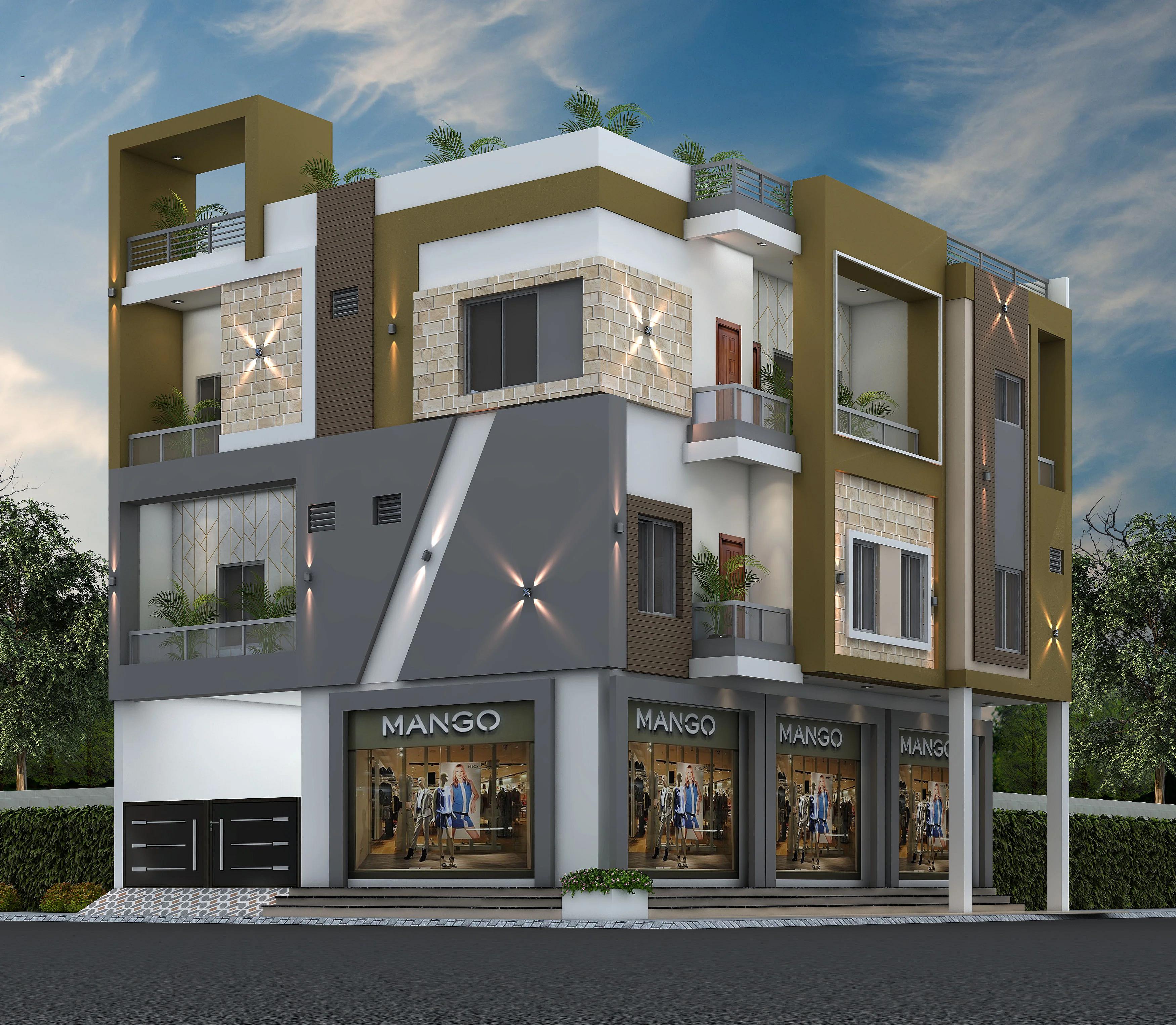 45X40 Shopping Complex With Rental House plan- 1800 sqft Residential Cum Commercial house design At Kota [RJ] front elevation, 45x40 ft plot, west facing, G+2, Kota