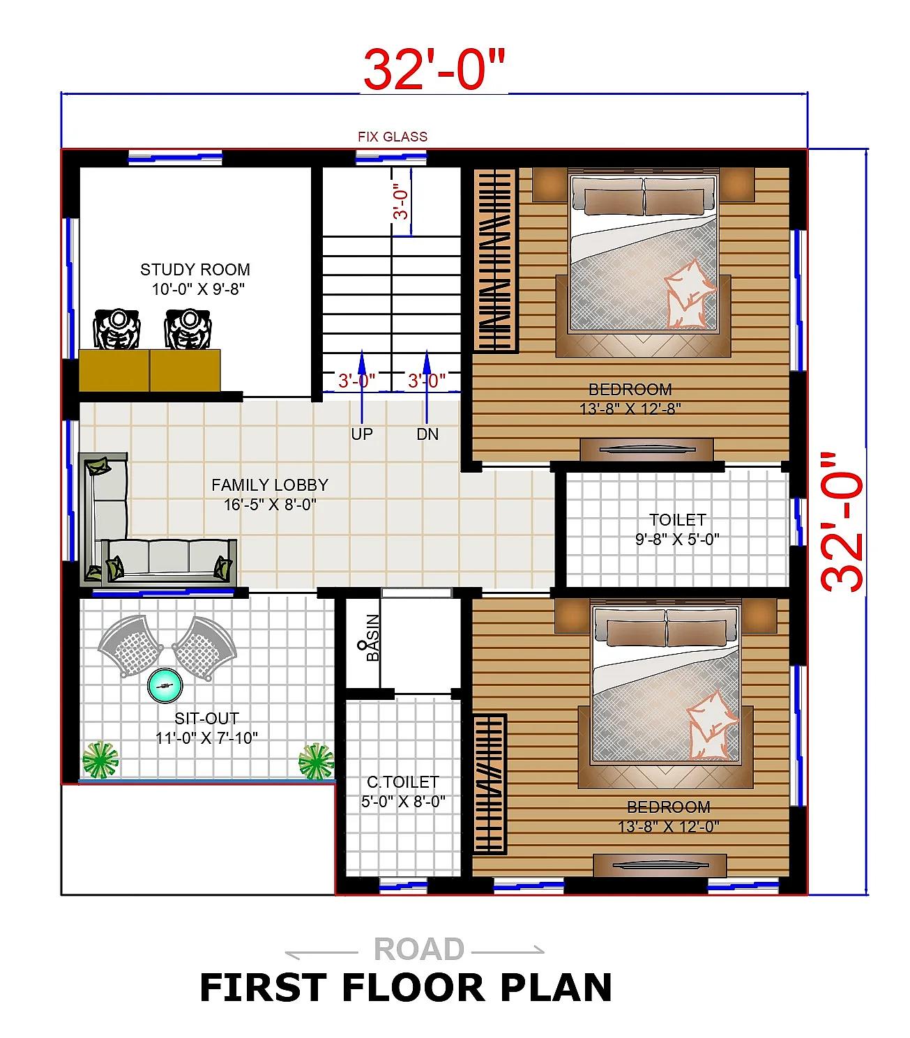 32X32 House plan- 1024 sqft Residential house design At Hamirpur [UP]