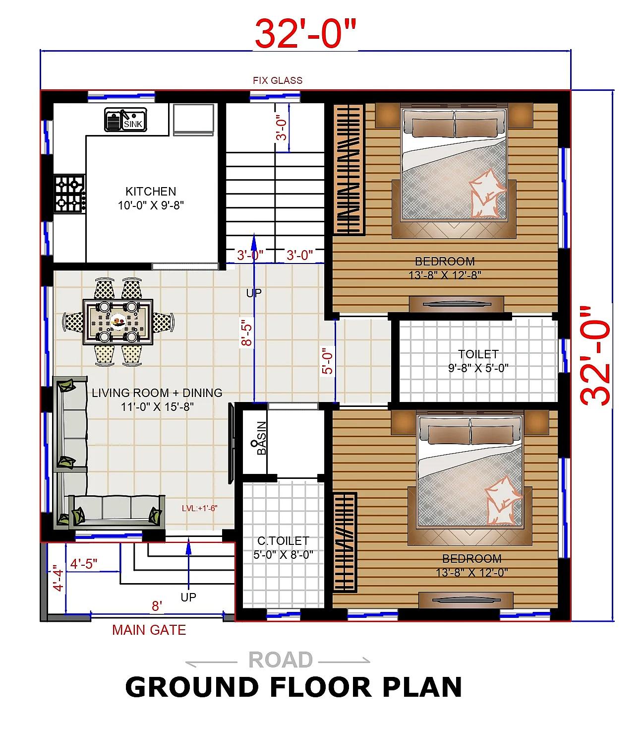 32X32 House plan- 1024 sqft Residential house design At Hamirpur thumbnail 2 — Project ID 7612