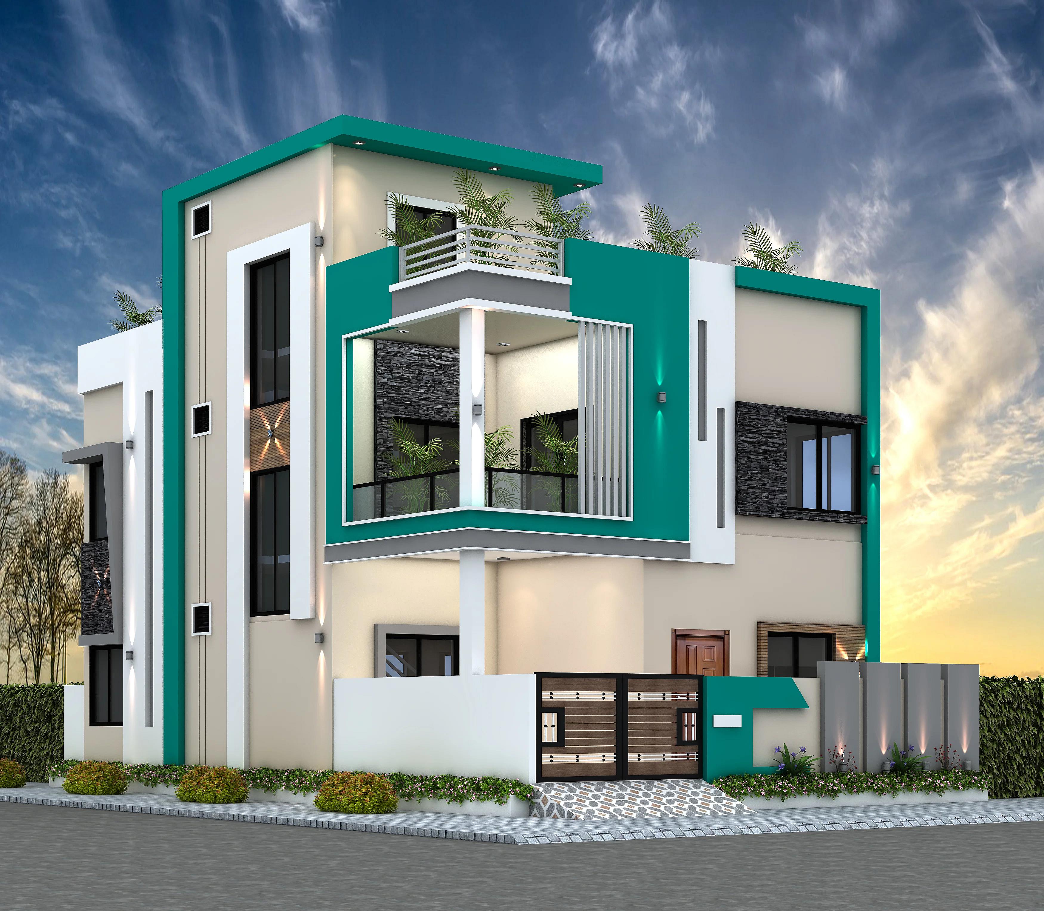 30X50 House plan- 1500 sqft Residential house design At Abu Dhabi [UAE] front elevation, 30x50 ft plot, 4 BHK, east facing, G+2, Abu Dhabi