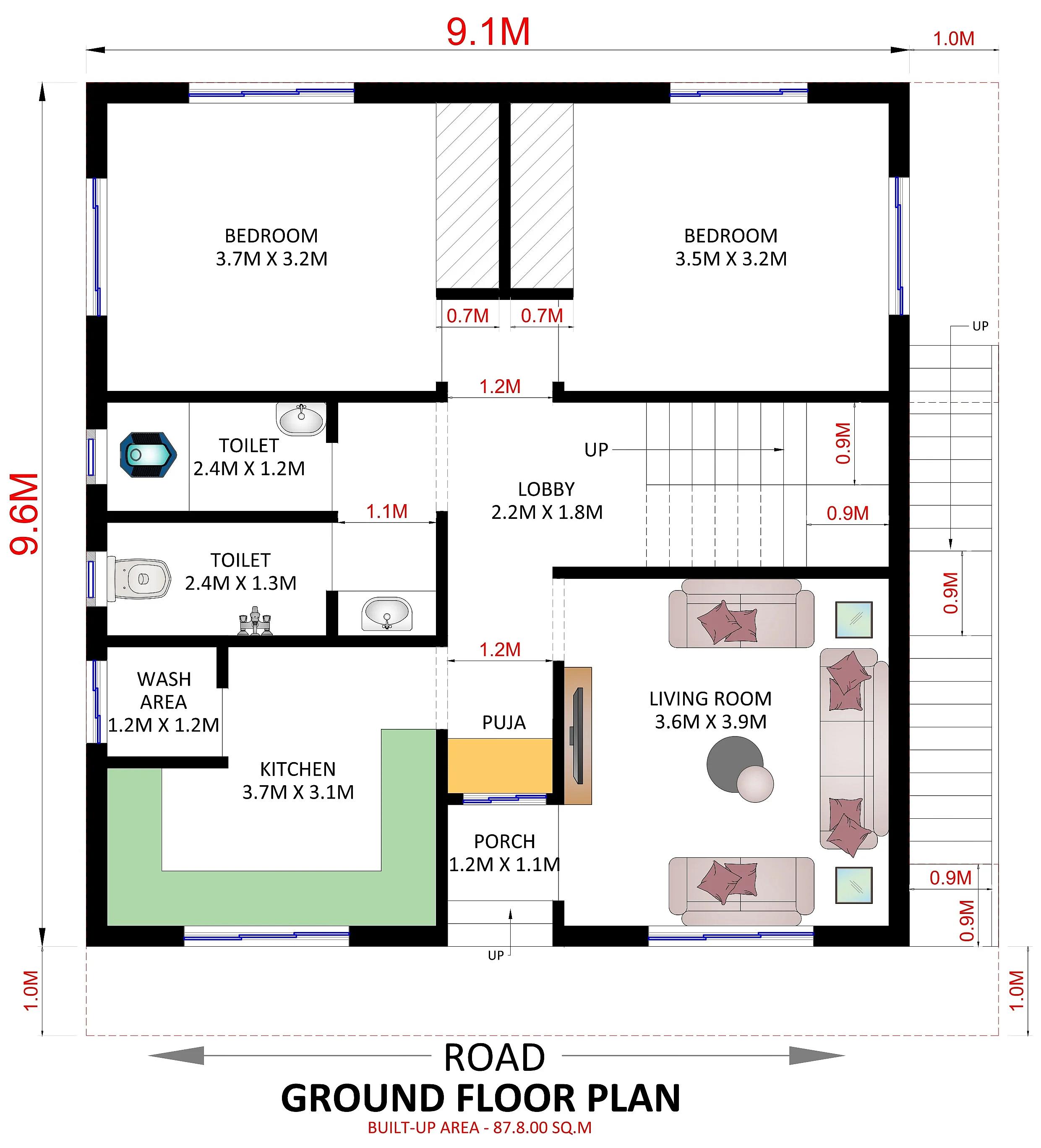 30X33 Home plan- 990 sqft Residential house design At Sanquelim thumbnail 3 — Project ID 7614