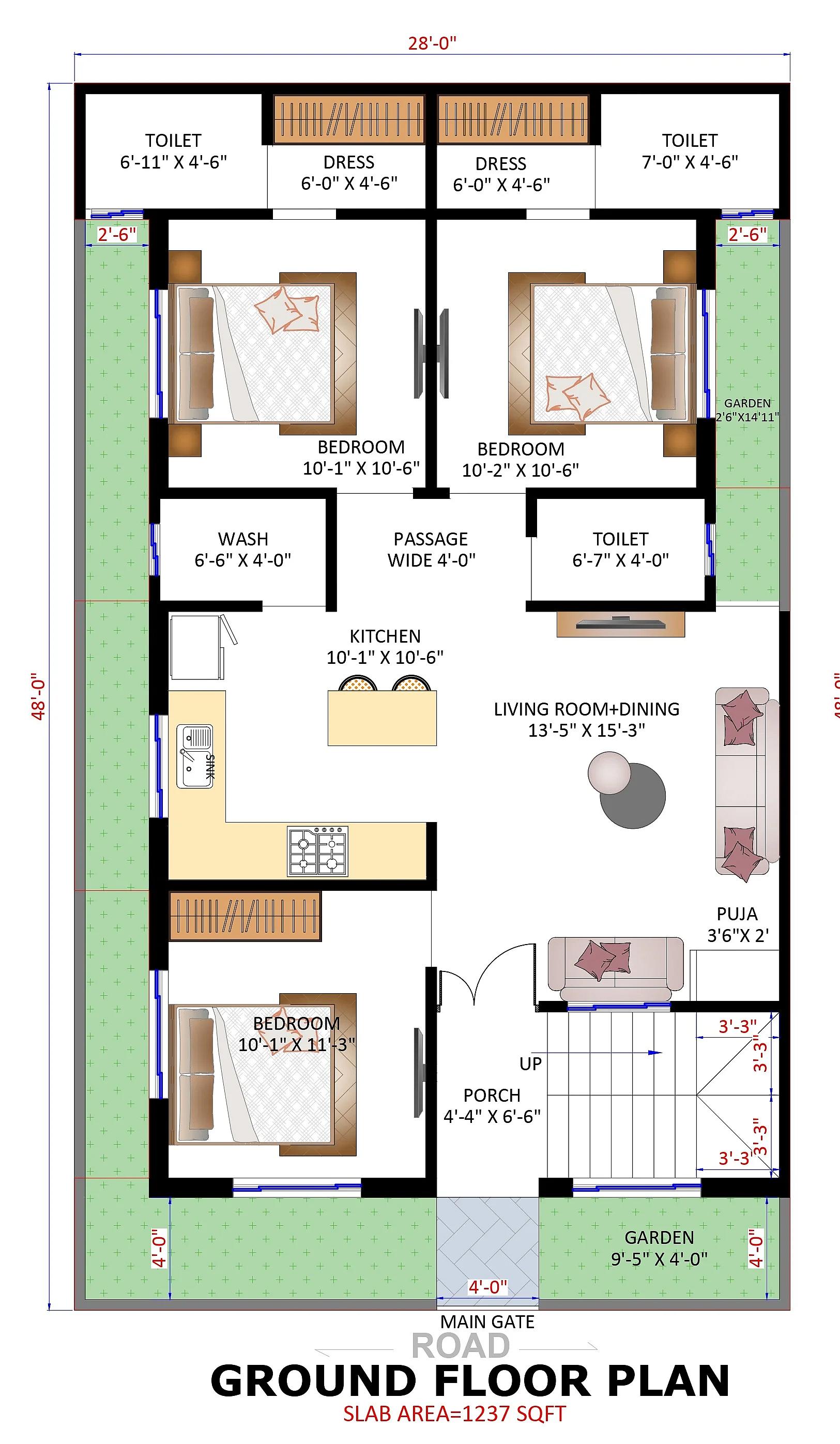 28X48 Hostel plan- 1344 sqft Residential Cum Commercial house design At Noida thumbnail 5 — Project ID 7615