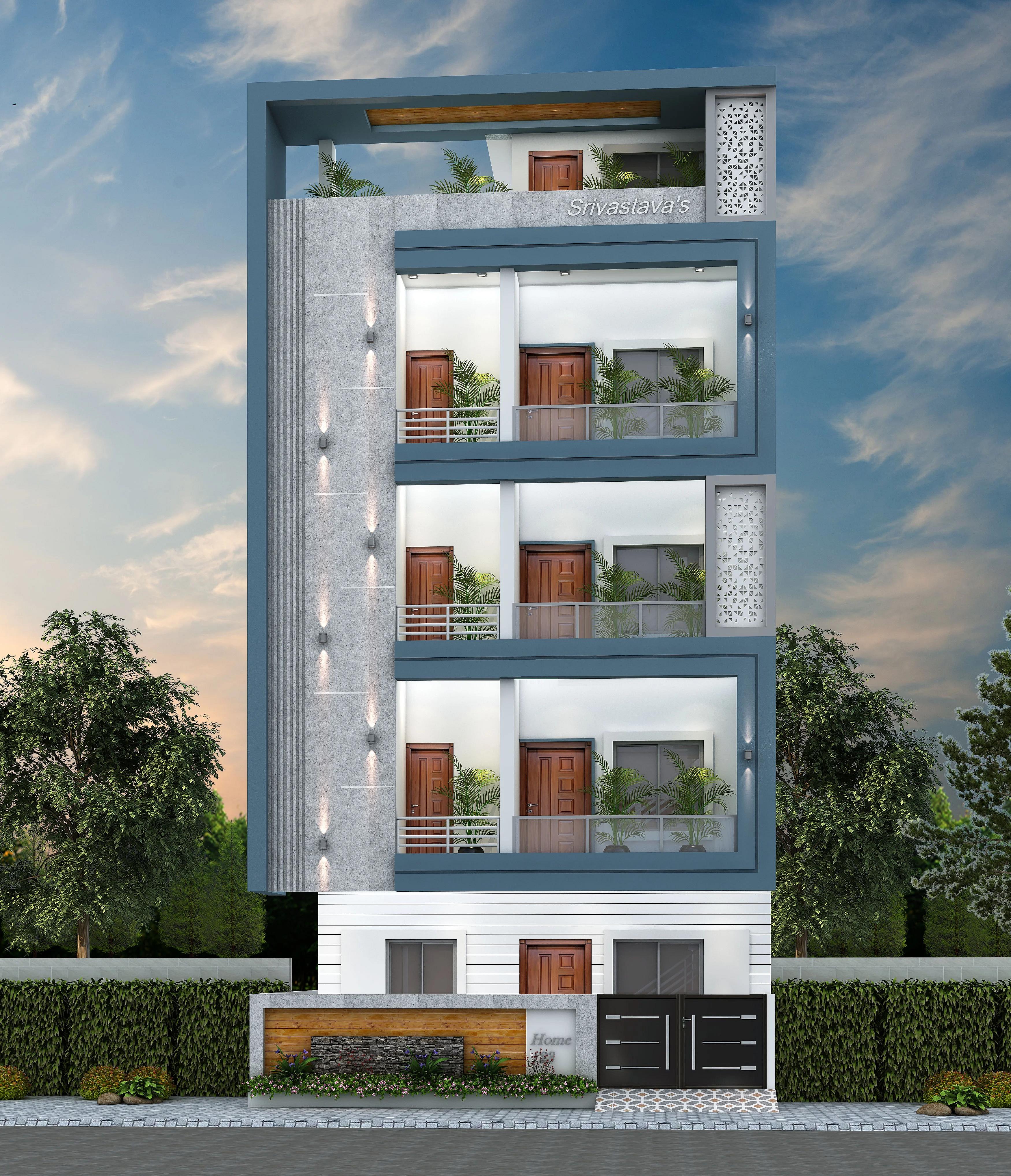 28X48 Hostel plan- 1344 sqft Residential Cum Commercial house design At Noida [UP] front elevation, 28x48 ft plot, north east facing, G+3, Noida