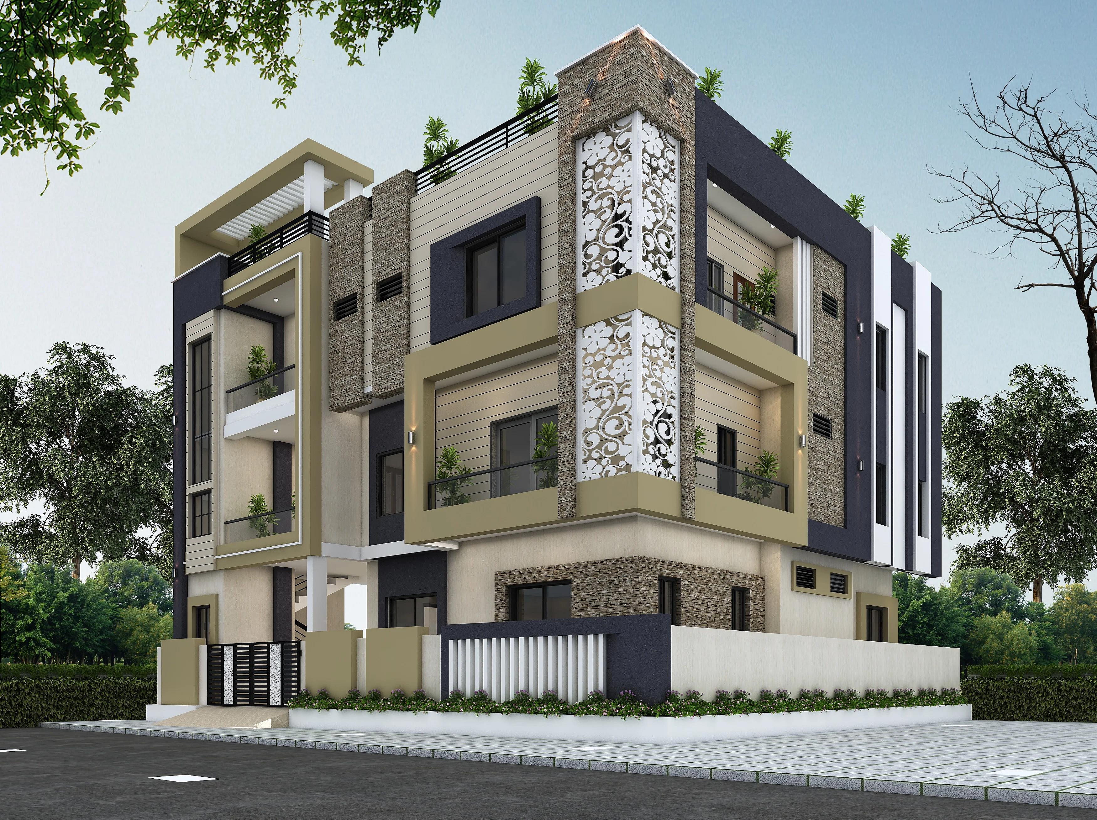 50X50 Rental House with Office plan- 2500 sqft Residential Cum Commercial house design At Dharwad [KA] front elevation, 50x50 ft plot, west facing, G+2, Dharwad