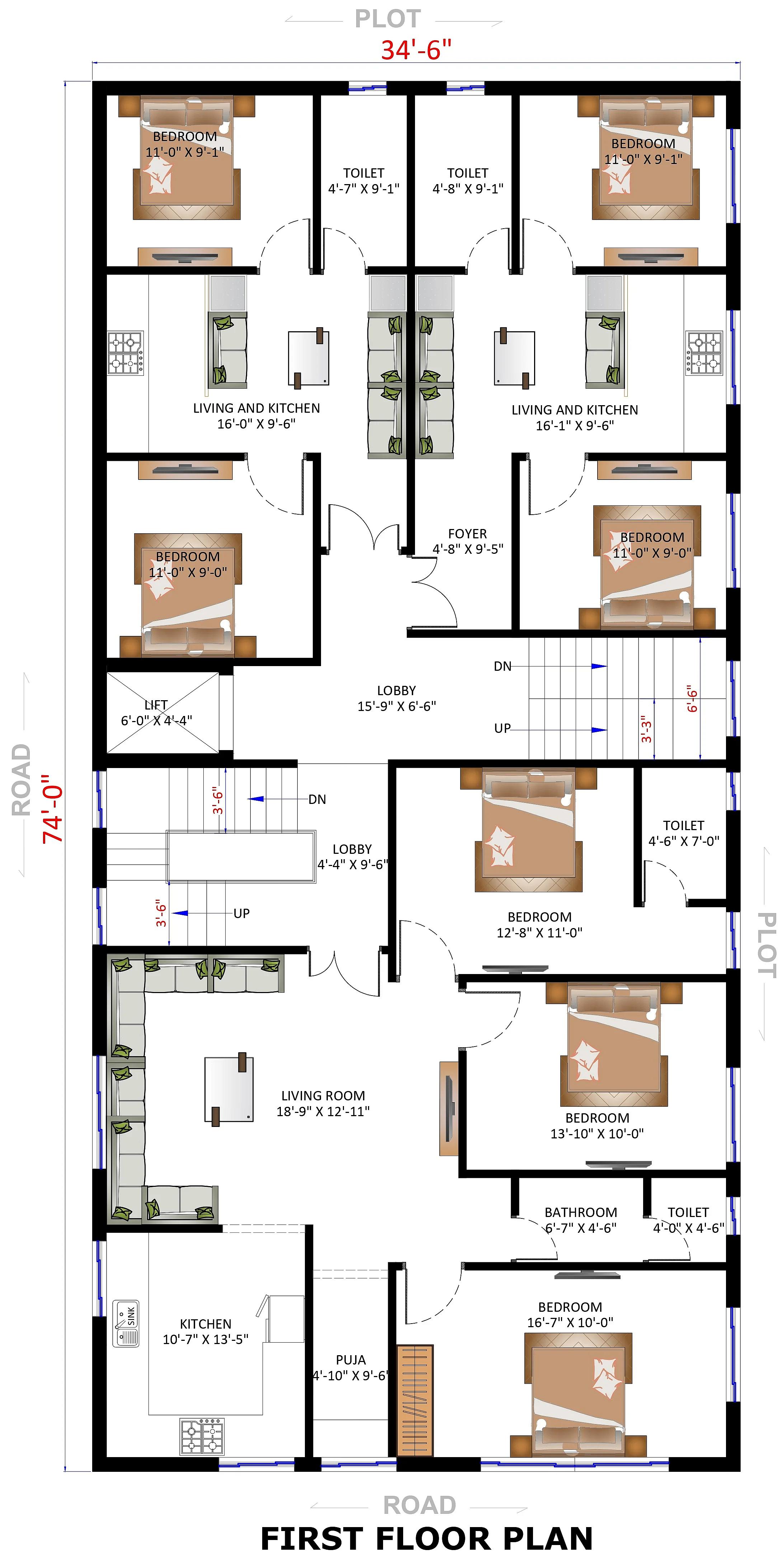 35X74 Rental House with Shop plan- 2590 sqft Residential Cum Commercial house design At Motihari [BR]