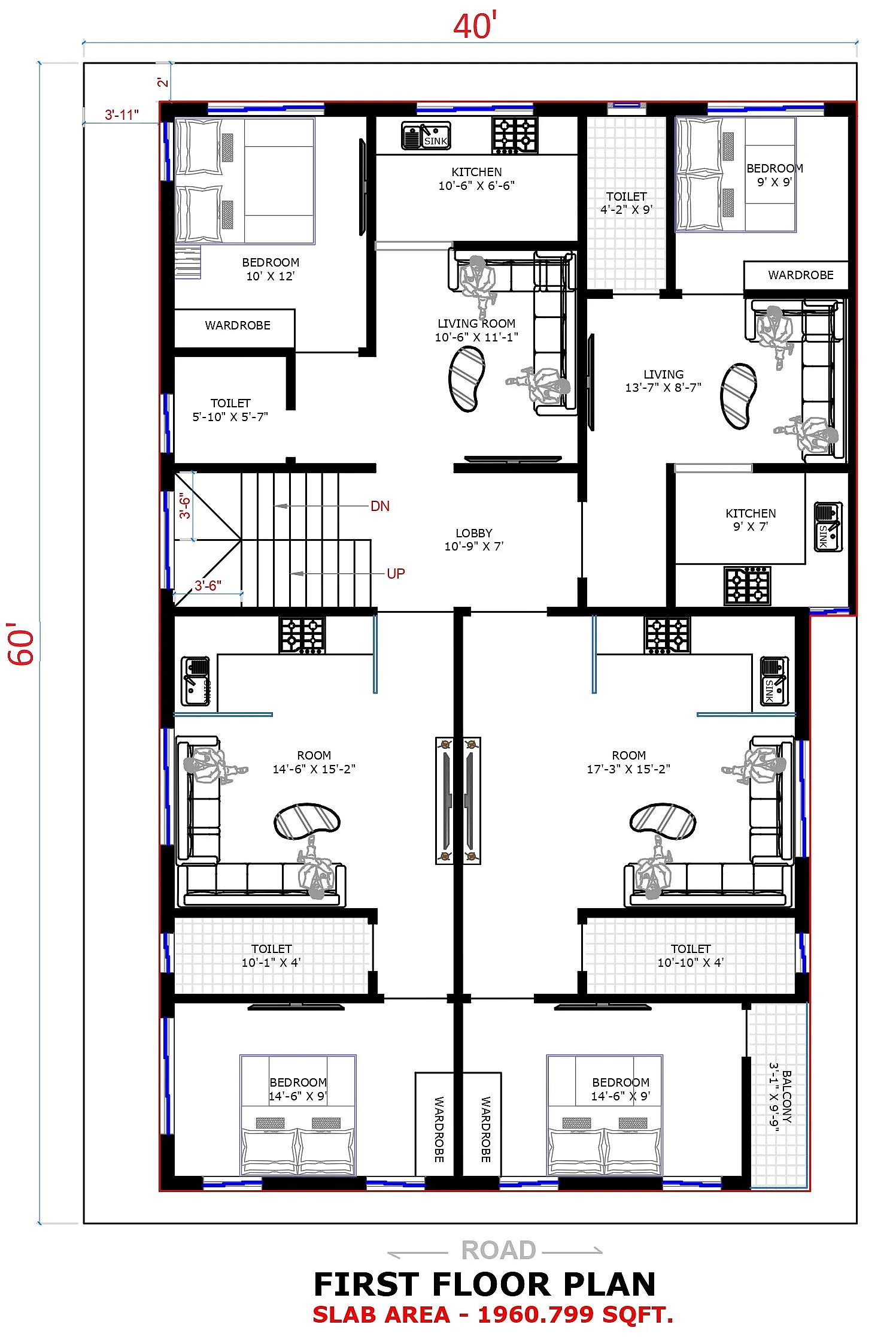 40X60 Residential With Rental Apartment plan- 2400 sqft Residential Cum Commercial house design At Gulbarga [KA]