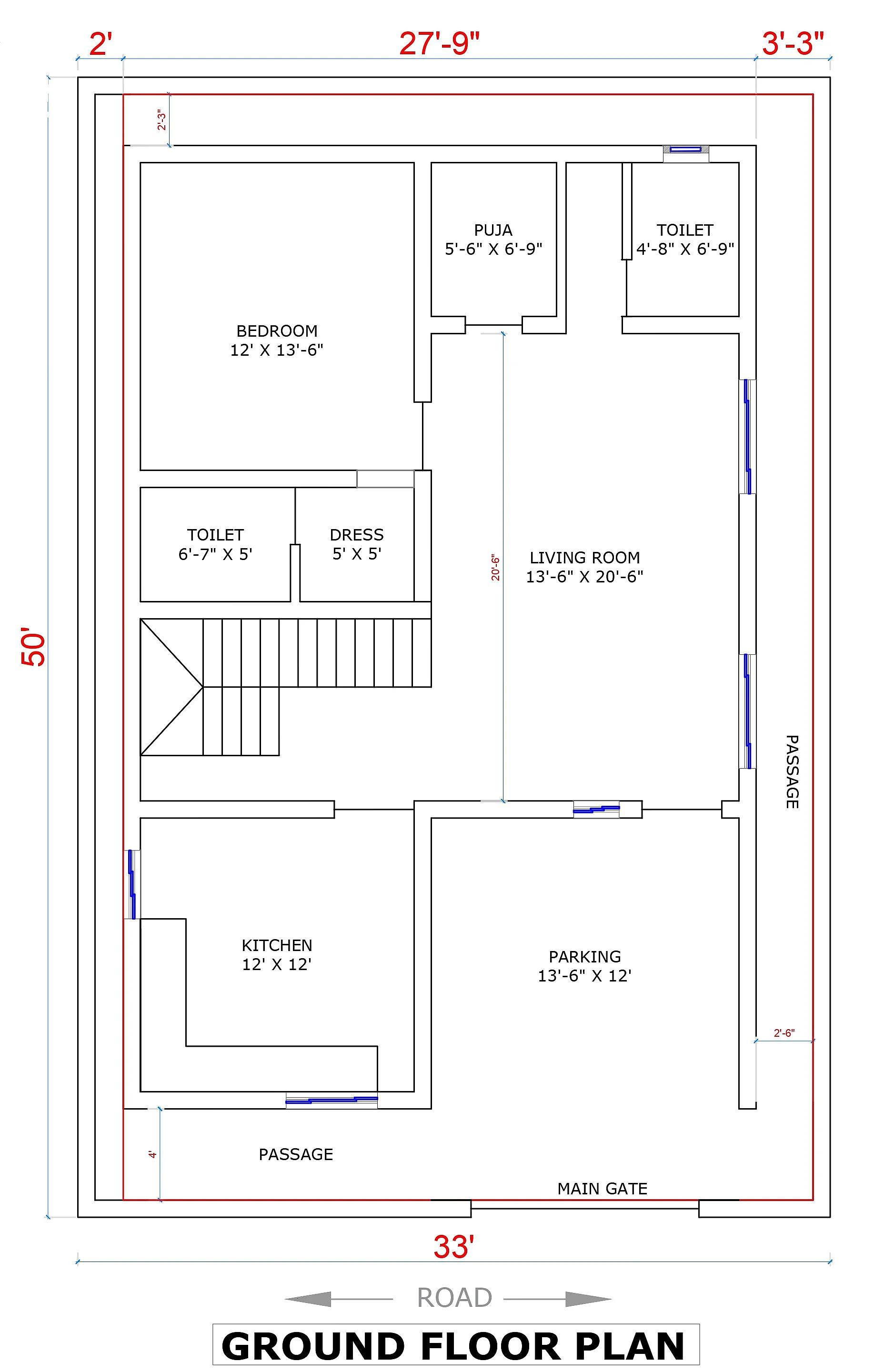 28X50 House plan- 1400 sqft Residential house design At Bangalore thumbnail 3 — Project ID 7635