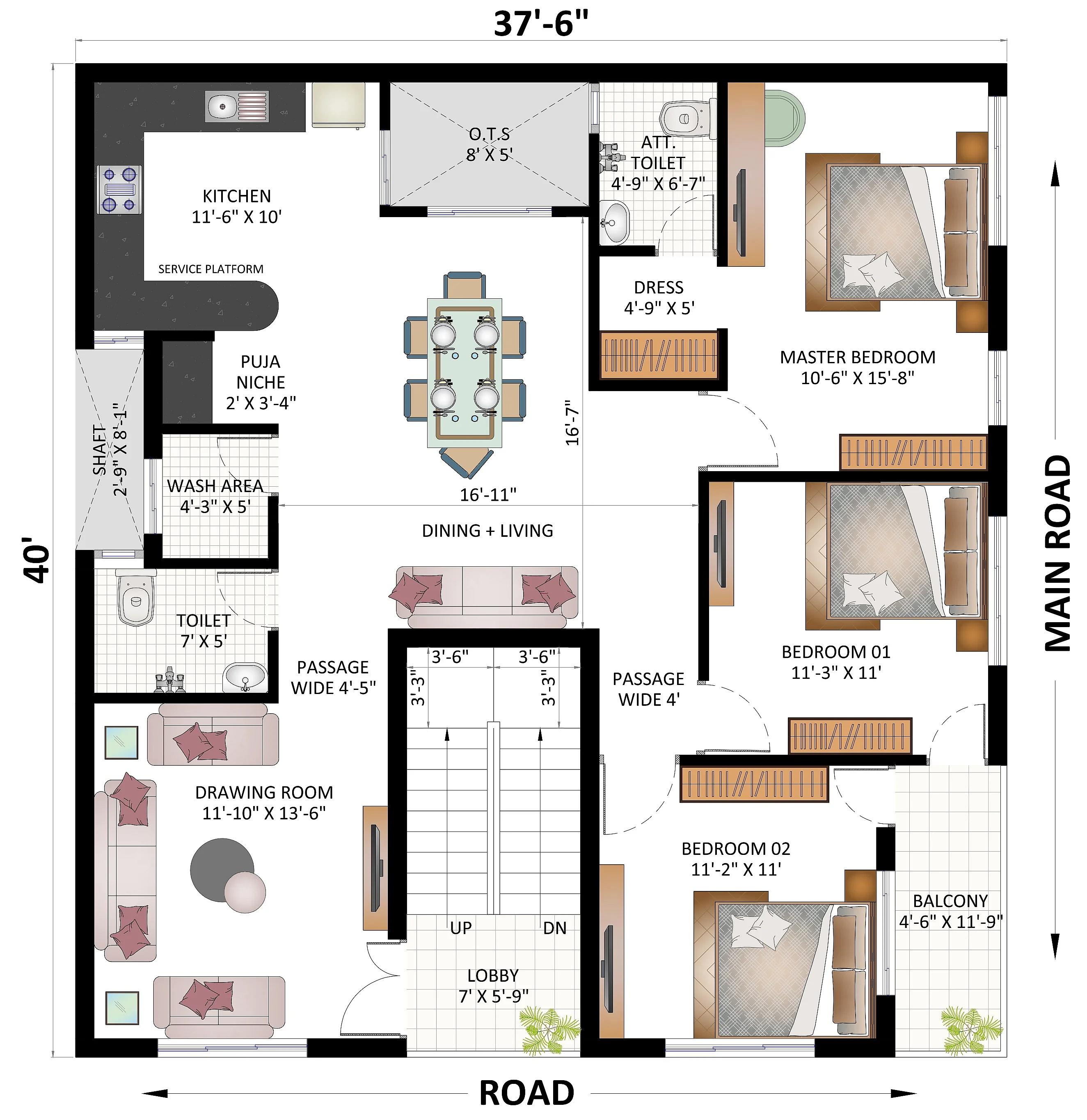 37X40 House plan- 1480 sqft Residential house design At Lucknow thumbnail 3 — Project ID 7665