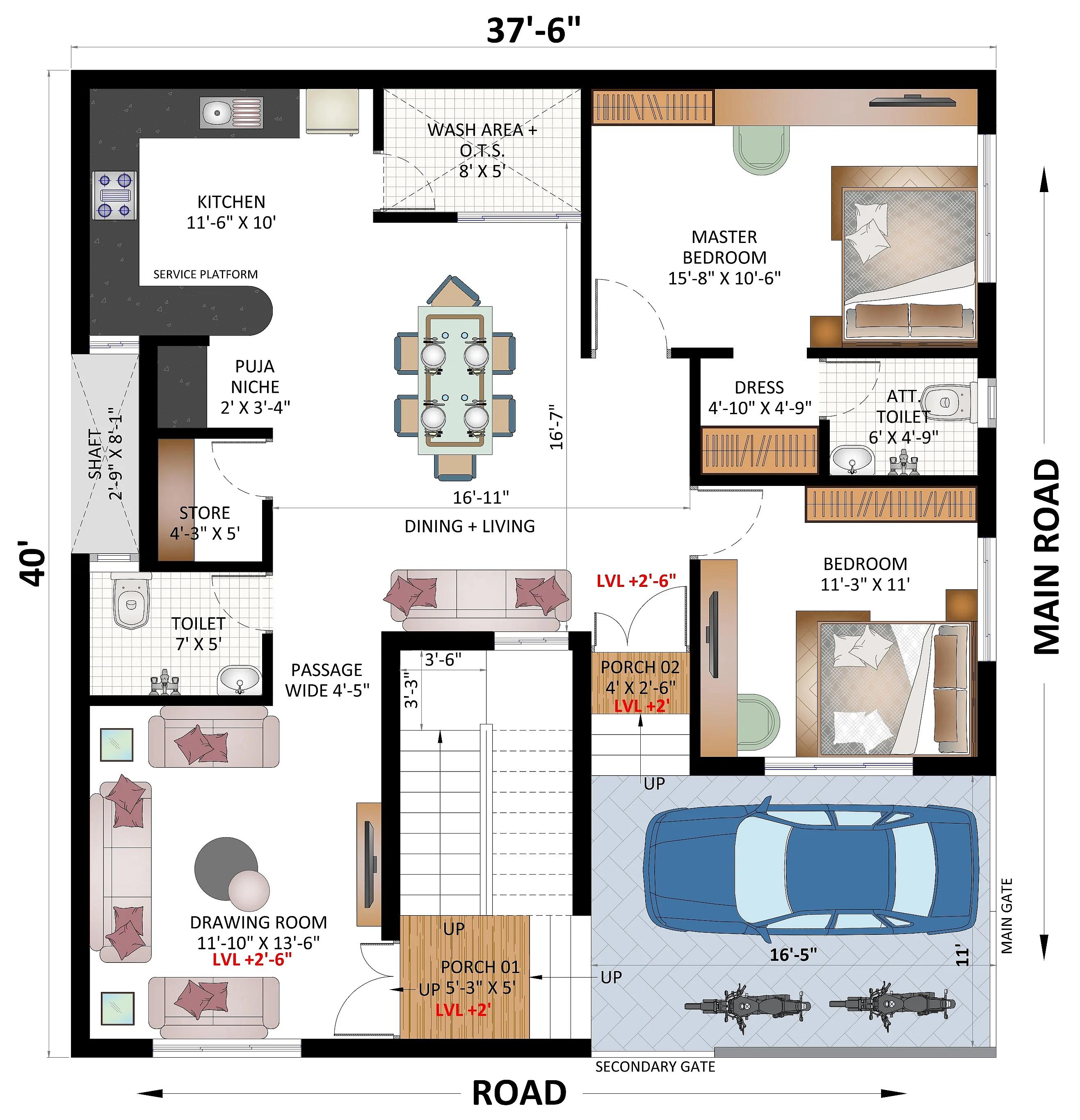 37X40 House plan- 1480 sqft Residential house design At Lucknow thumbnail 4 — Project ID 7665