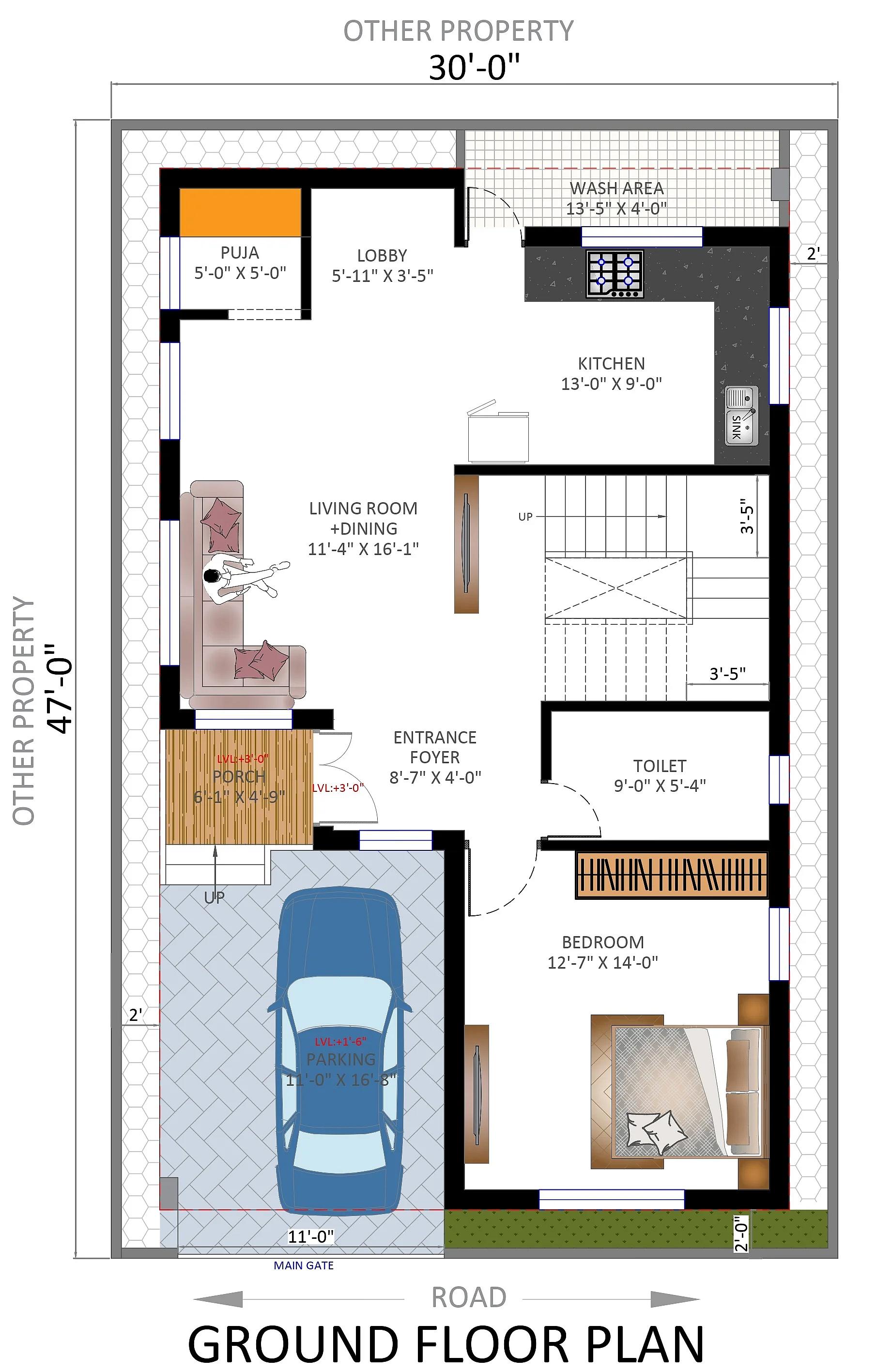 30X47 House plan- 1410 sqft Residential house design At Bangalore thumbnail 2 — Project ID 7666