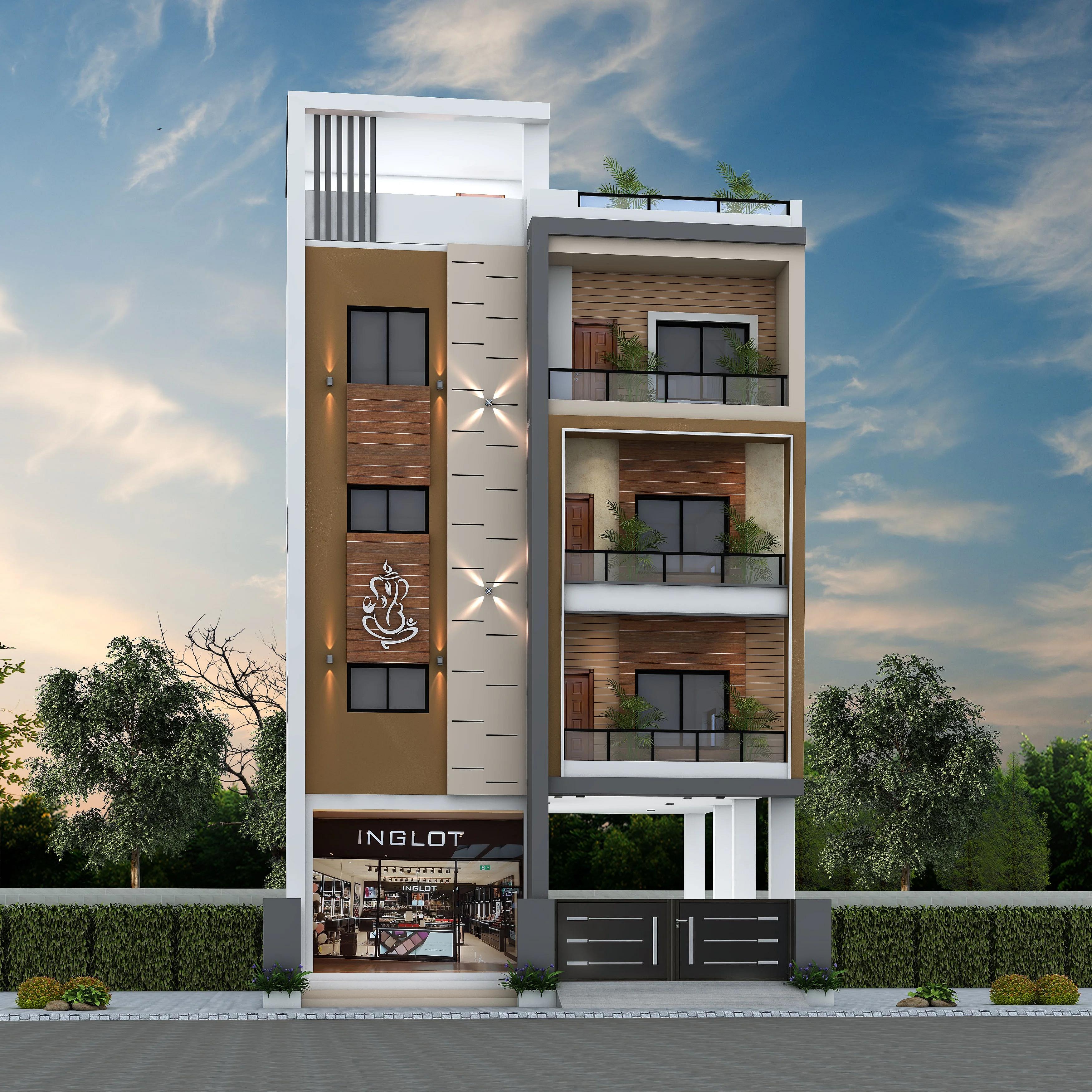 34X34 House plan- 1156 sqft Residential Cum Commercial house design At Pune [MH] front elevation, 34x34 ft plot, 4 BHK, east facing, G+3, Pune