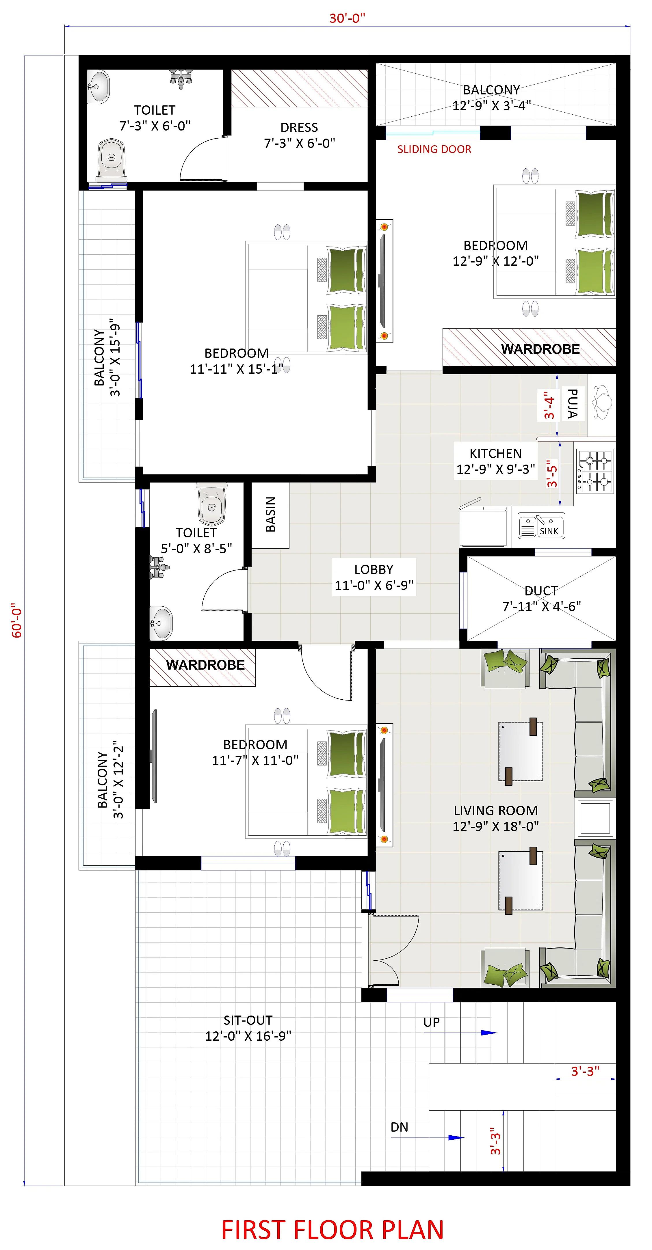 30X60 House plan- 1800 sqft Residential house design At Chhatarpur thumbnail 2 — Project ID 7673
