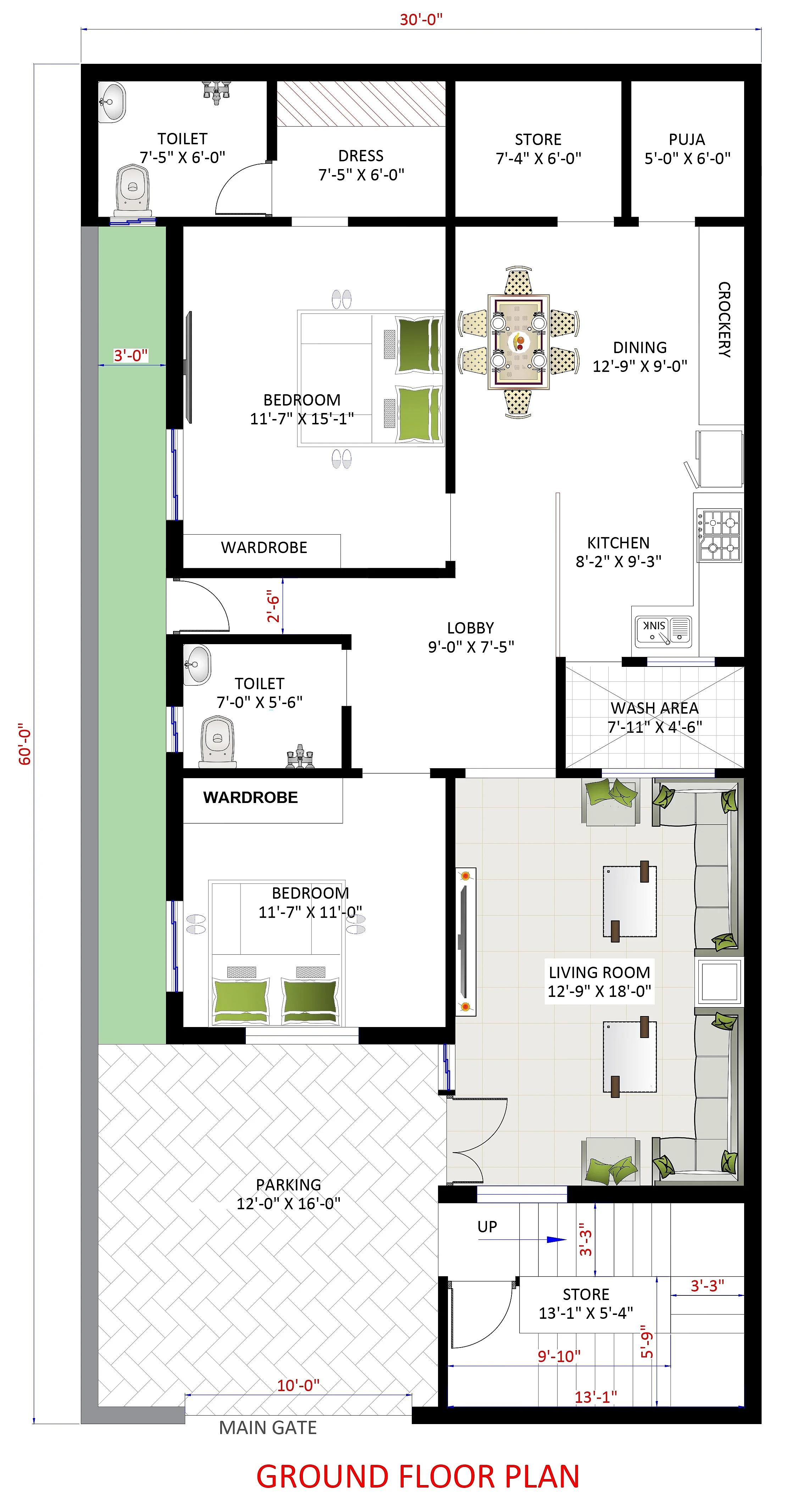 30X60 House plan- 1800 sqft Residential house design At Chhatarpur thumbnail 3 — Project ID 7673
