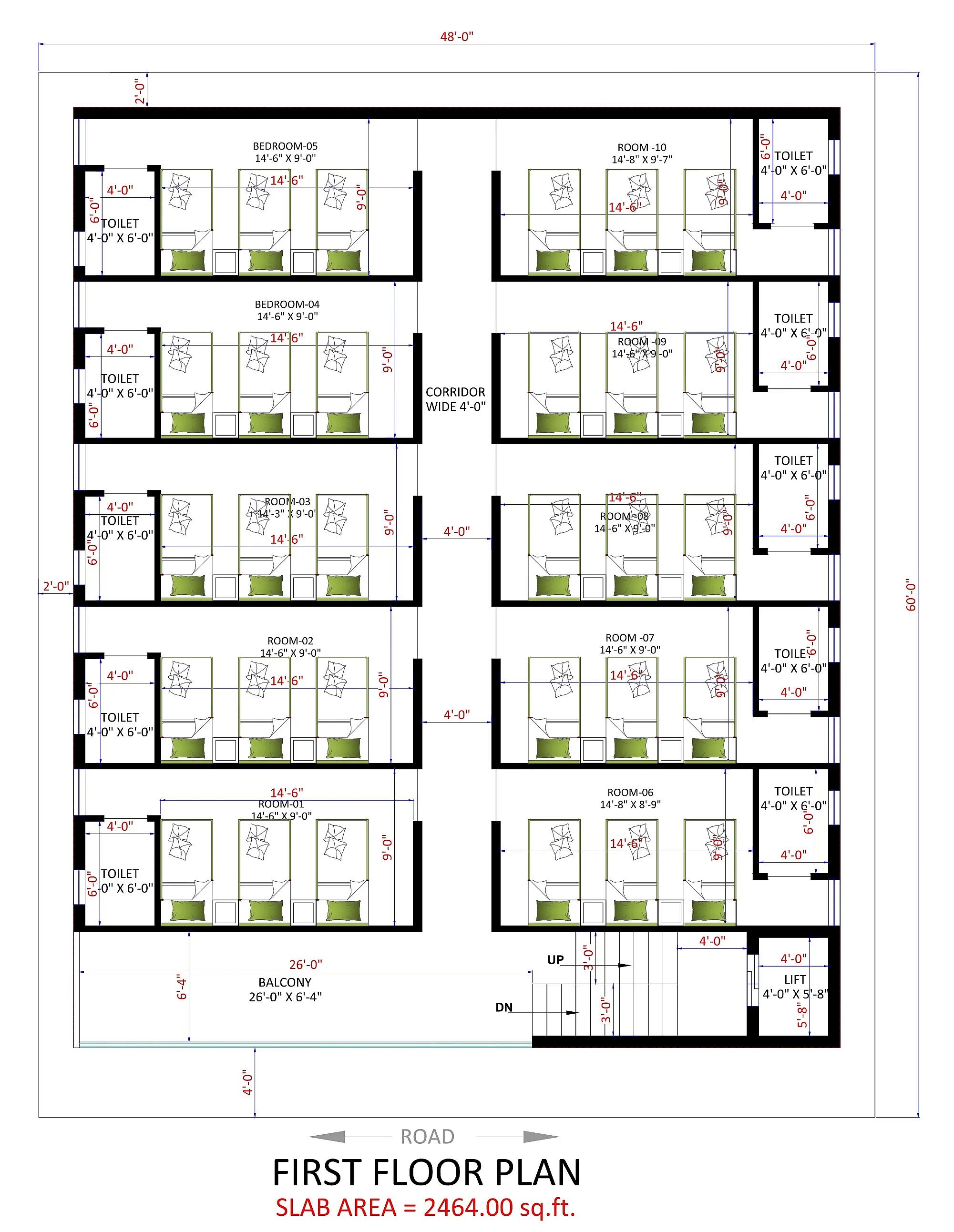 48X60 Hostel plan- 2880 sqft Commercial house design At Hyderabad thumbnail 1 — Project ID 7676
