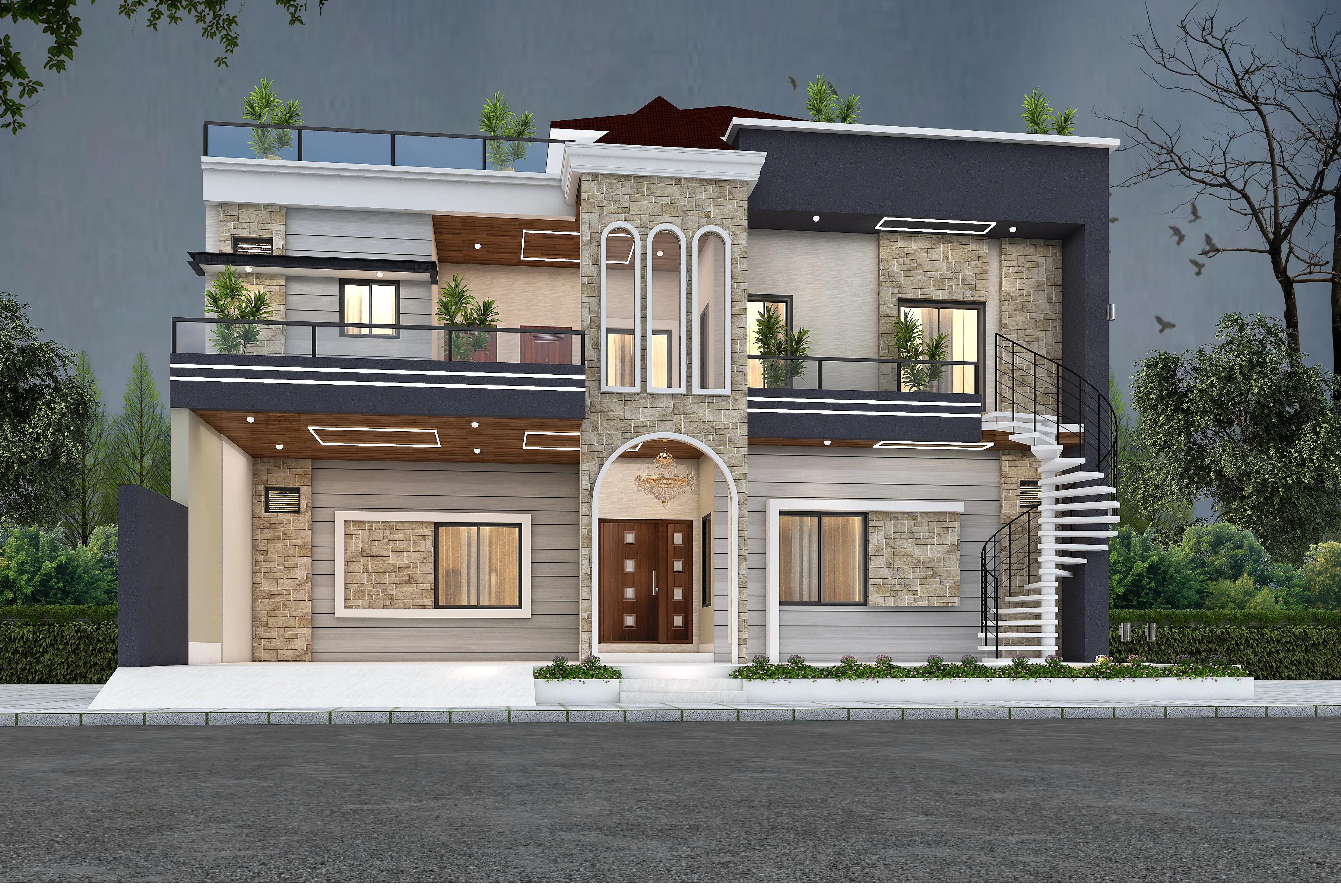 45X75 House plan- 3375 sqft Residential house design At Patiala [PB] front elevation, 45x75 ft plot, 4 BHK, west facing, G+1, Patiala