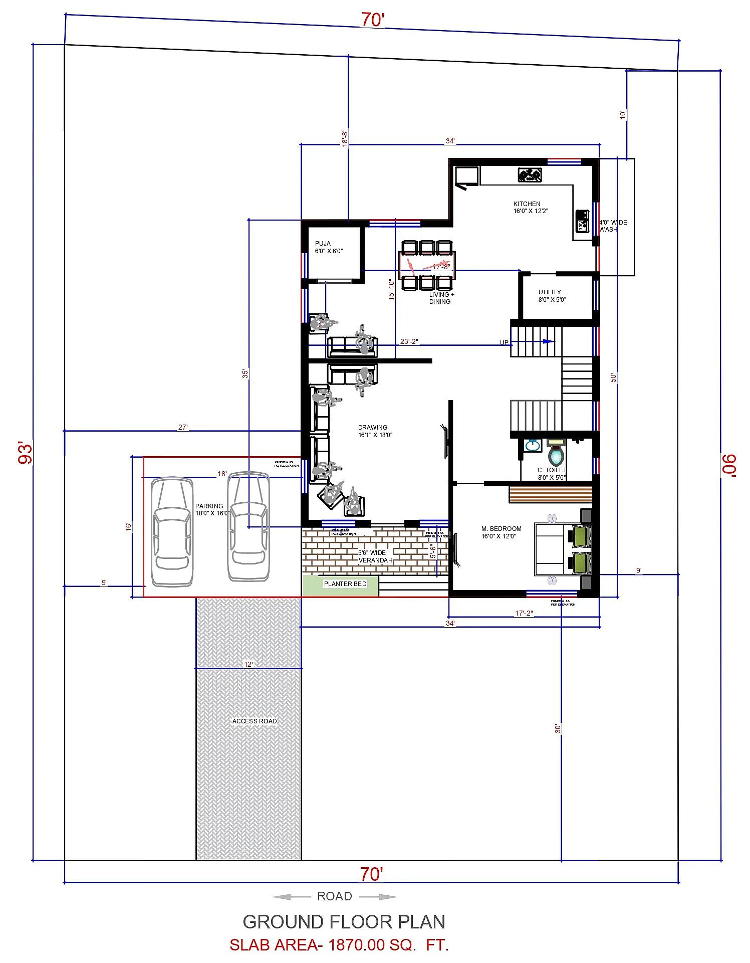 70X93 House plan- 6510 sqft Residential house design At Hyderabad thumbnail 4 — Project ID 7713
