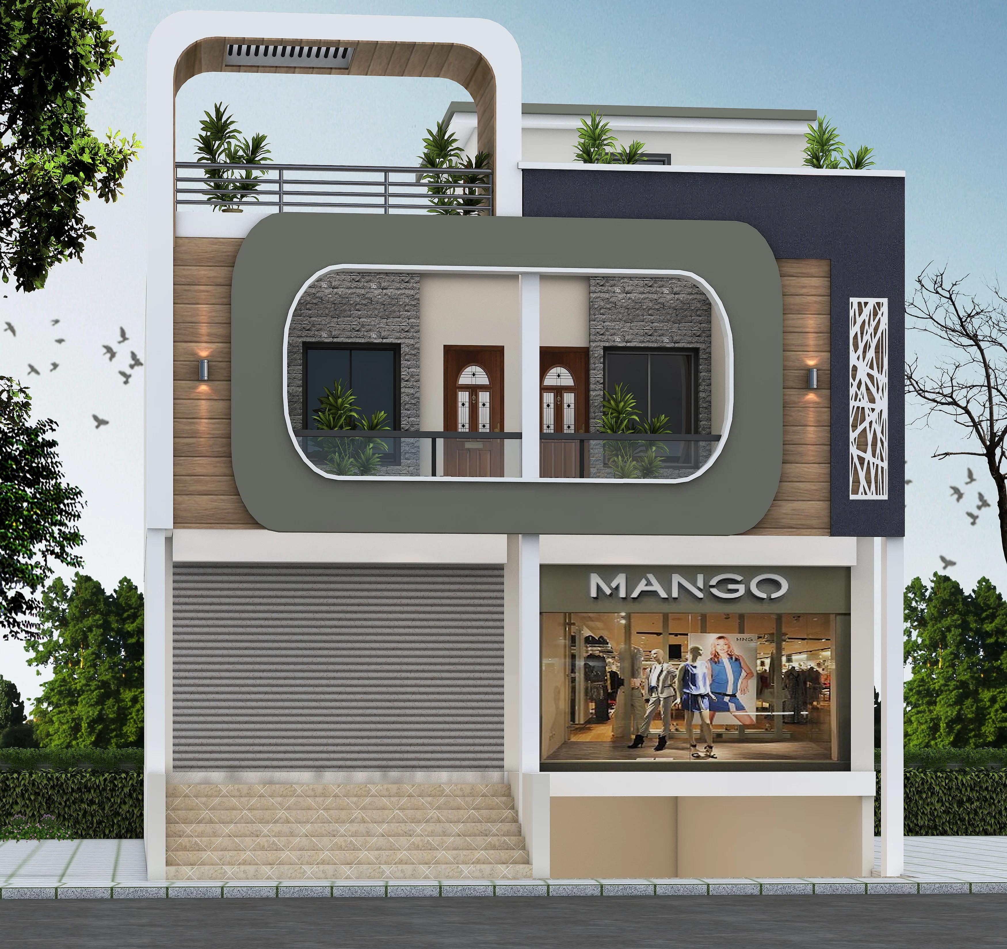 30X45 House With Shop plan- 1350 sqft Residential Cum Commercial house design At Vidisha [MP] front elevation, 30x45 ft plot, north facing, G+1, Vidisha