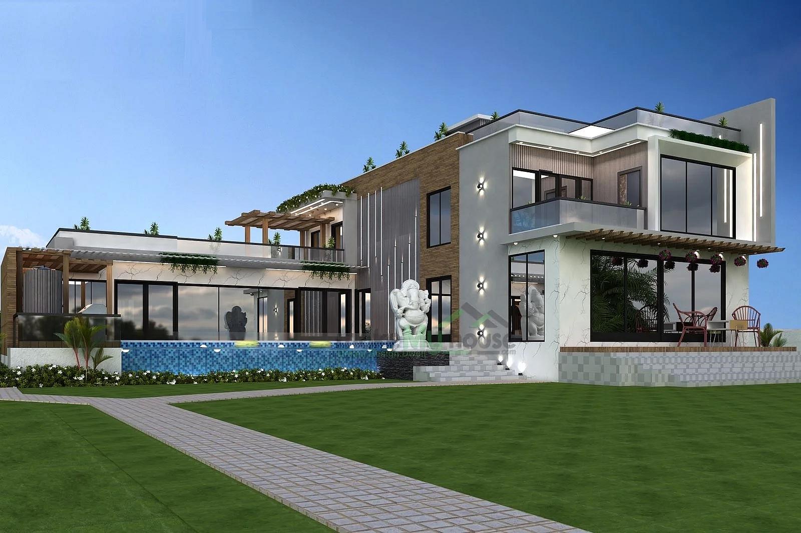 75X60 House with Swimming Pool plan- 4500 sqft Residential house design At Pathankot [PB] front elevation, 75x60 ft plot, 5 BHK, west facing, G+1, Pathankot