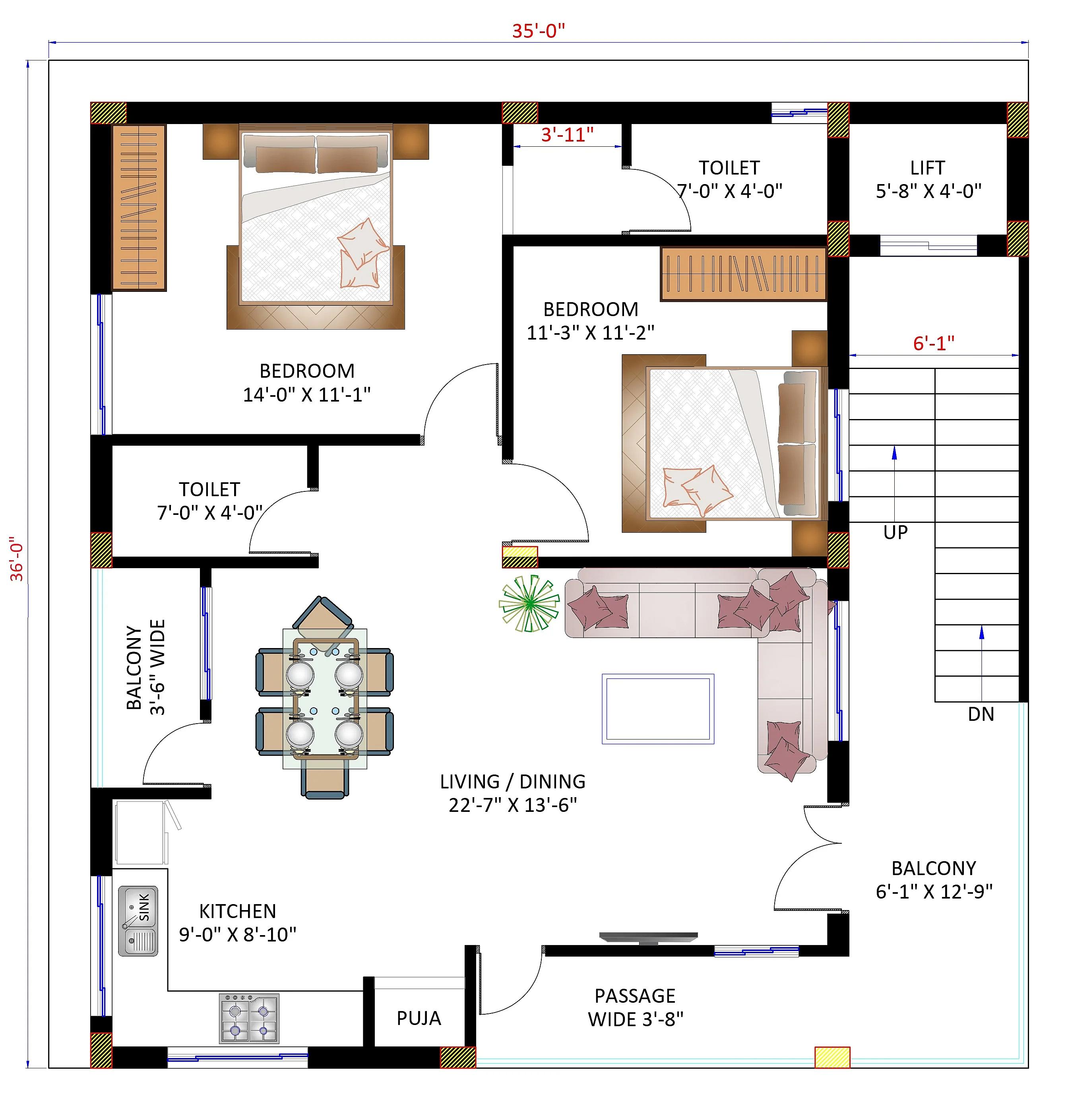 35X36 House plan- 1260 sqft Residential Cum Commercial house design At Hyderabad thumbnail 2 — Project ID 7721