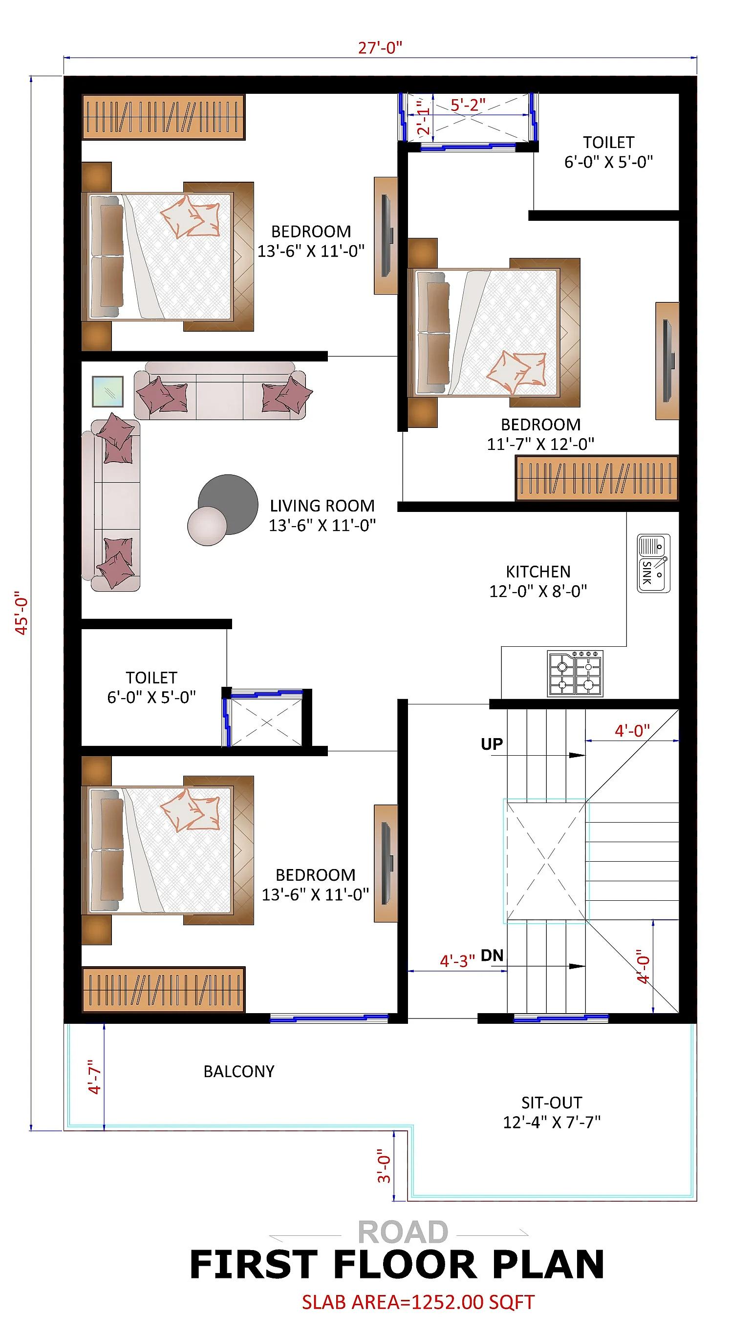 27X45 House plan- 1215 sqft Residential house design At Gurgaon thumbnail 2 — Project ID 7722