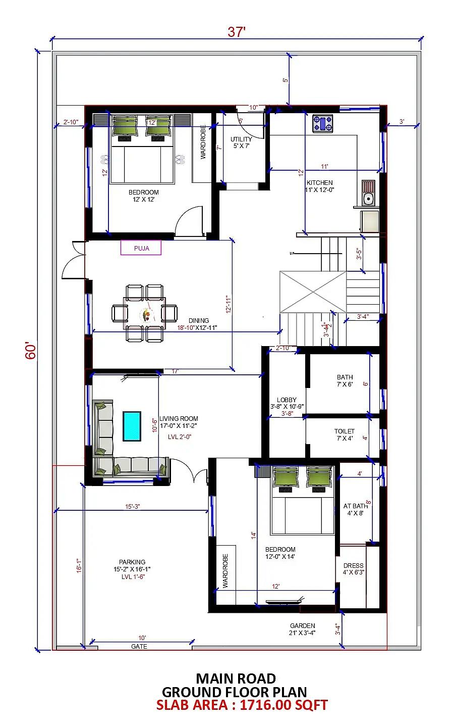 37X60 House plan- 2220 sqft Residential house design At Sujanganj thumbnail 3 — Project ID 8406