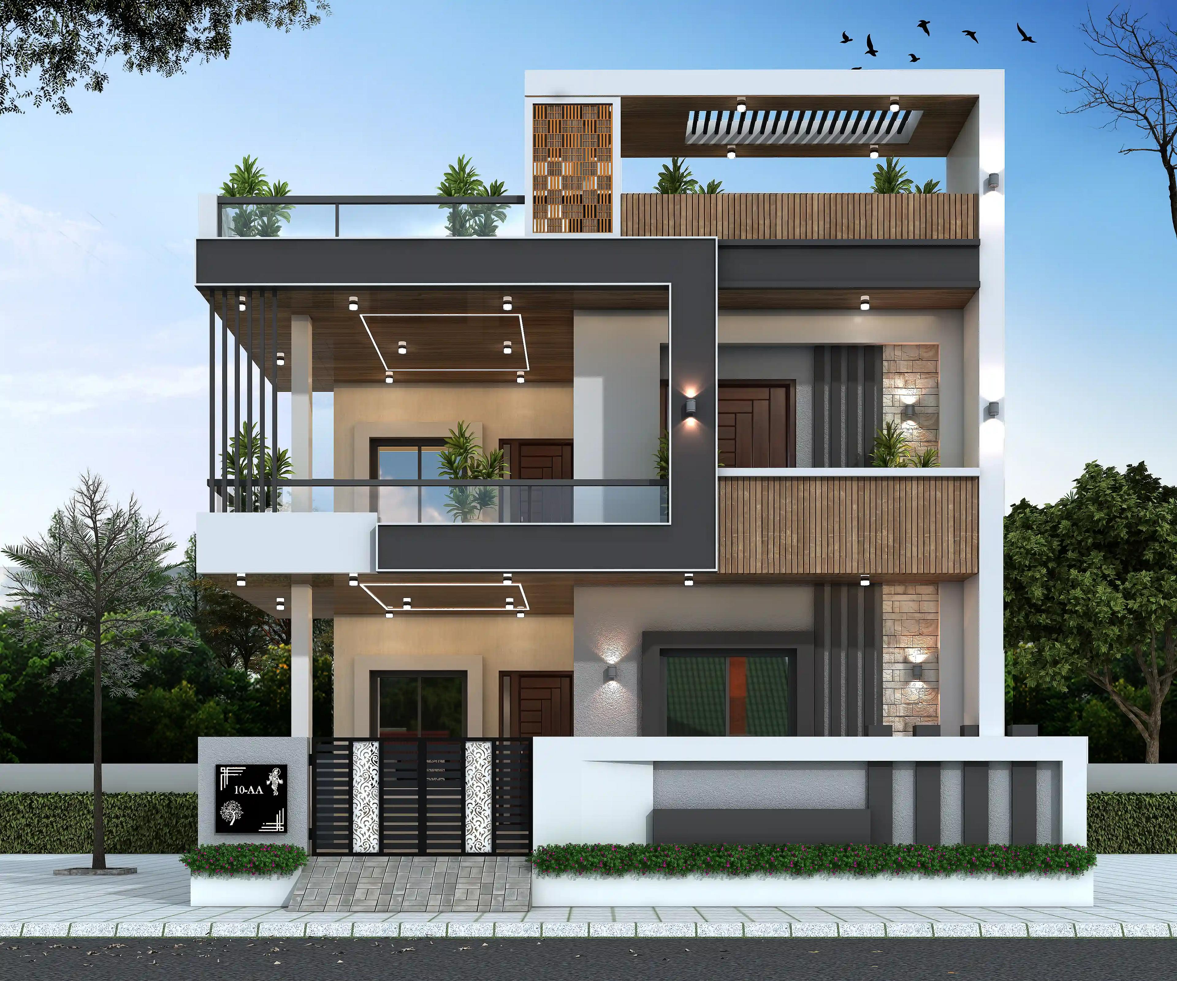 37X60 House plan- 2220 sqft Residential house design At Sujanganj [UP] front elevation, 37x60 ft plot, 3 BHK, west facing, G+1, Sujanganj